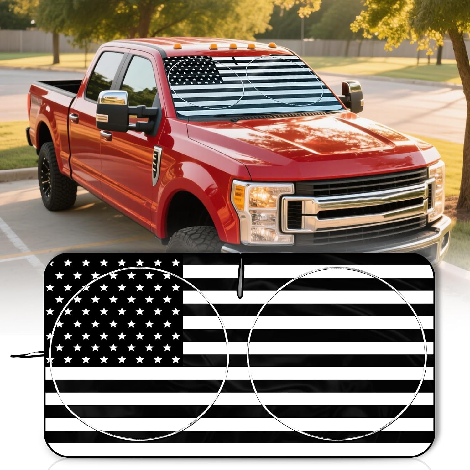 Foldable Windshield Sun Shade with American Patriotic Design-Front Window Sunshade for Cars, Trucks, SUVs Blocking Harmful UV Rays & Heat, Keep Interior Cool, Super Easy to Use & Store