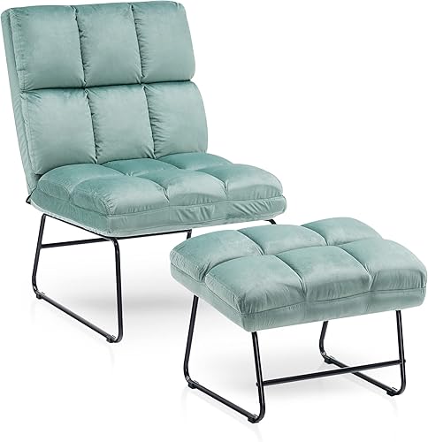 MCombo Silla decorativa con otomana, patas de metal modernas de terciopelo, silla de club, sofá de sala de estar, sala de lectura, dormitorio, 0014