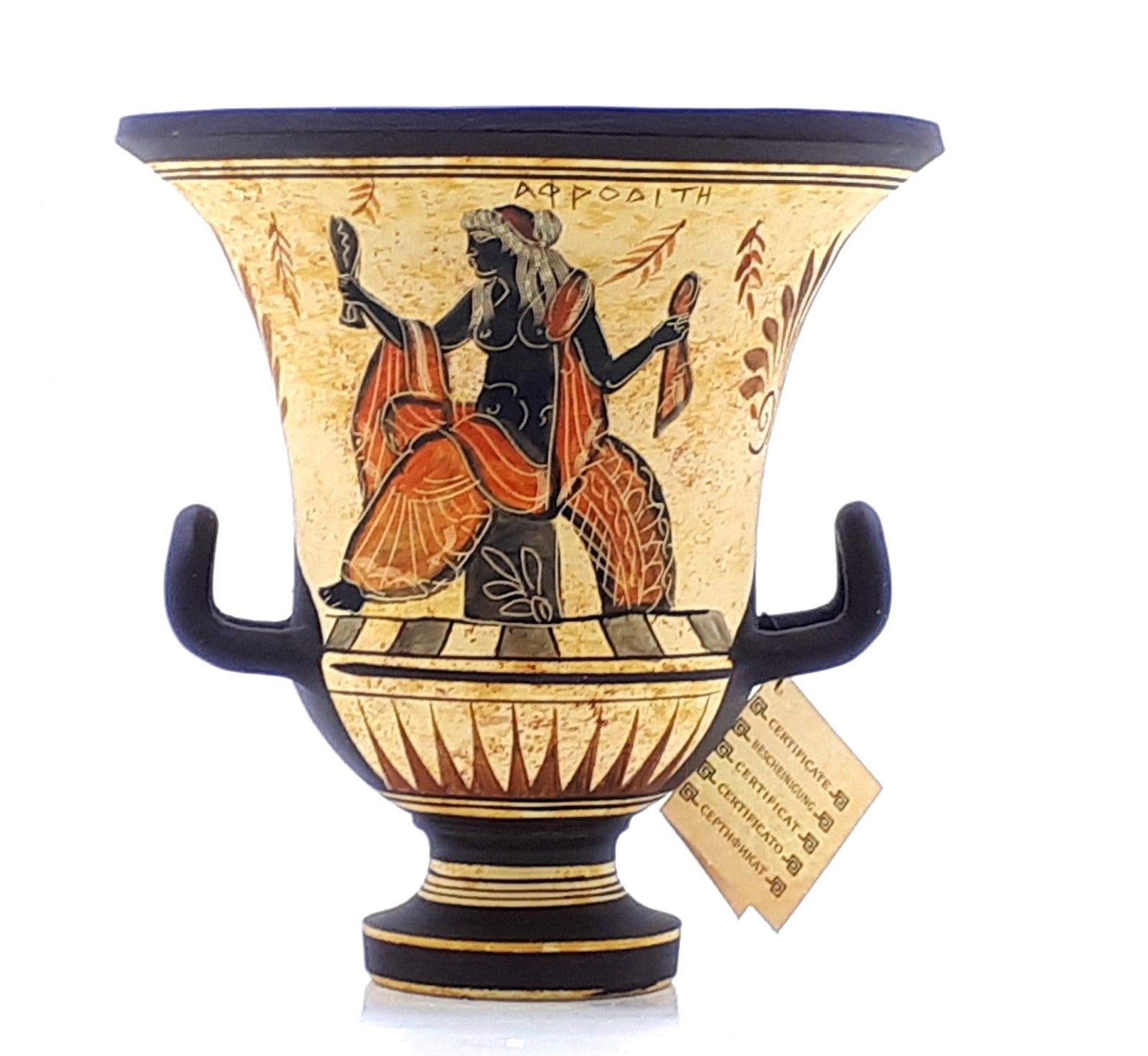 Jarrón griego antiguo Krater Pottery Diosa Afrodita y Dios Dioniso 6.9 pulgadas, negro, rojo