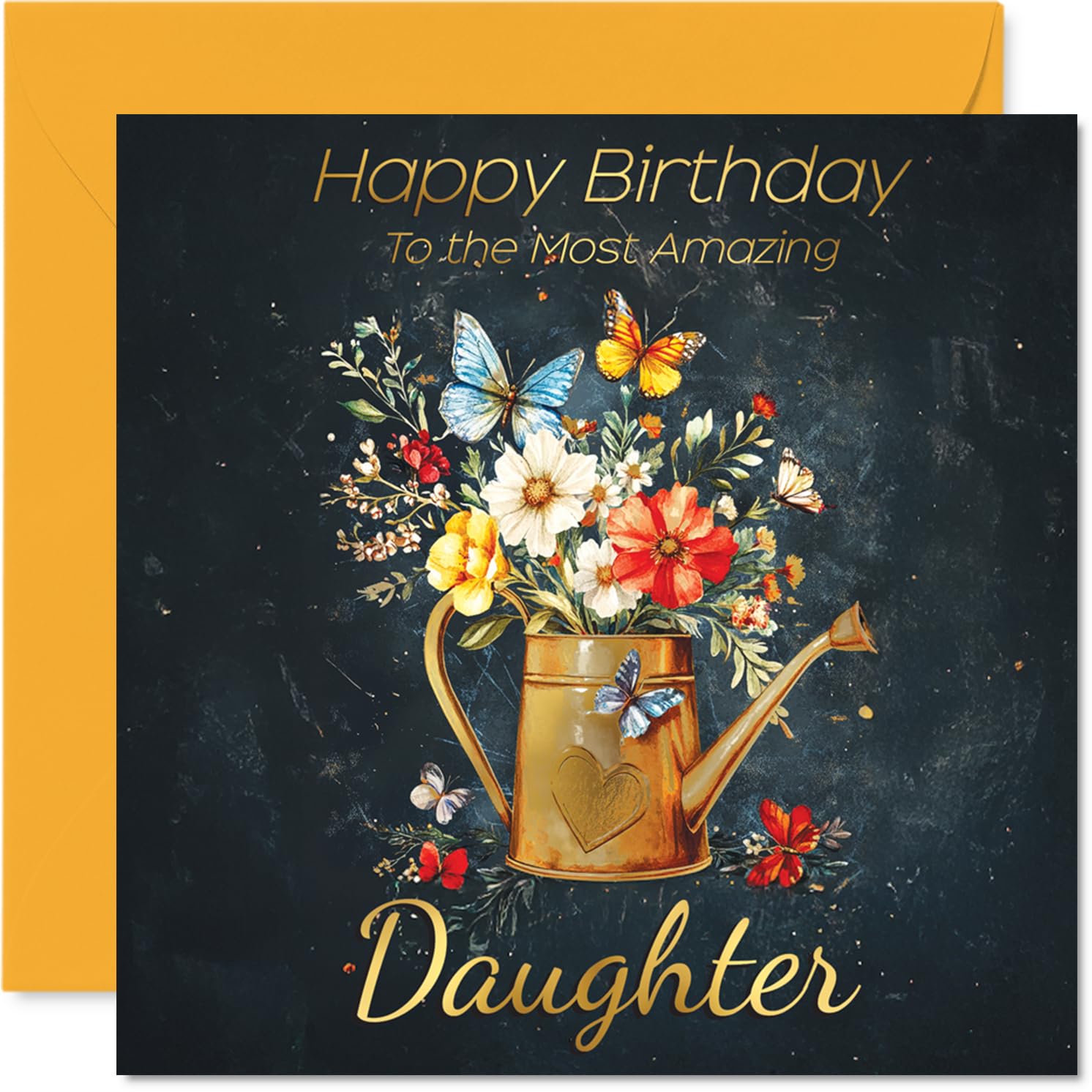 Gold Daughter Birthday Card - Watering Can Flowers - Happy Birthday Card for Daughter from Dad Mum, 145mm Golden Floral Garden Greeting Cards