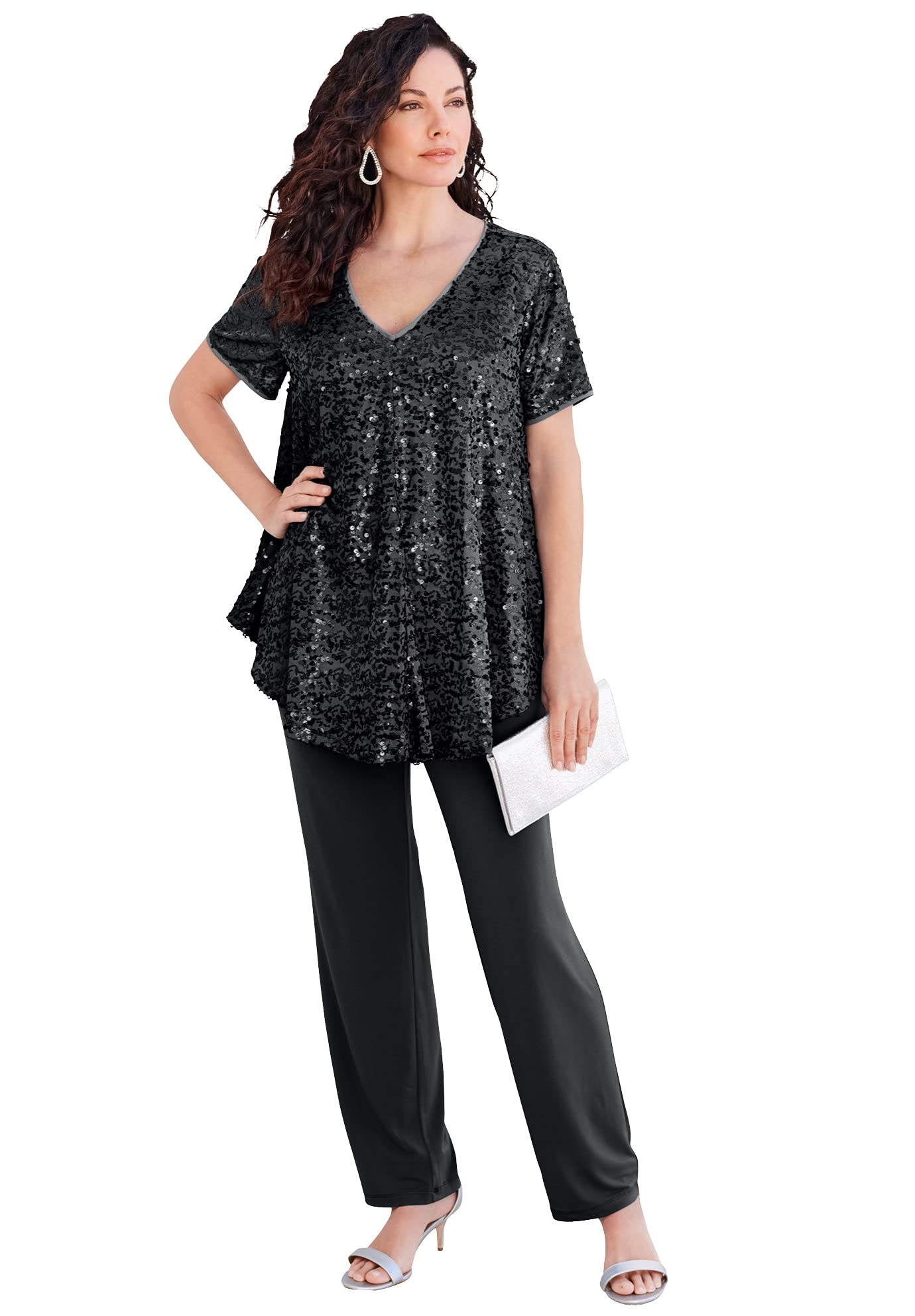 Roamans Womens Plus Size Plus-Size 2 Piece S S Sequin Top And Pant Set