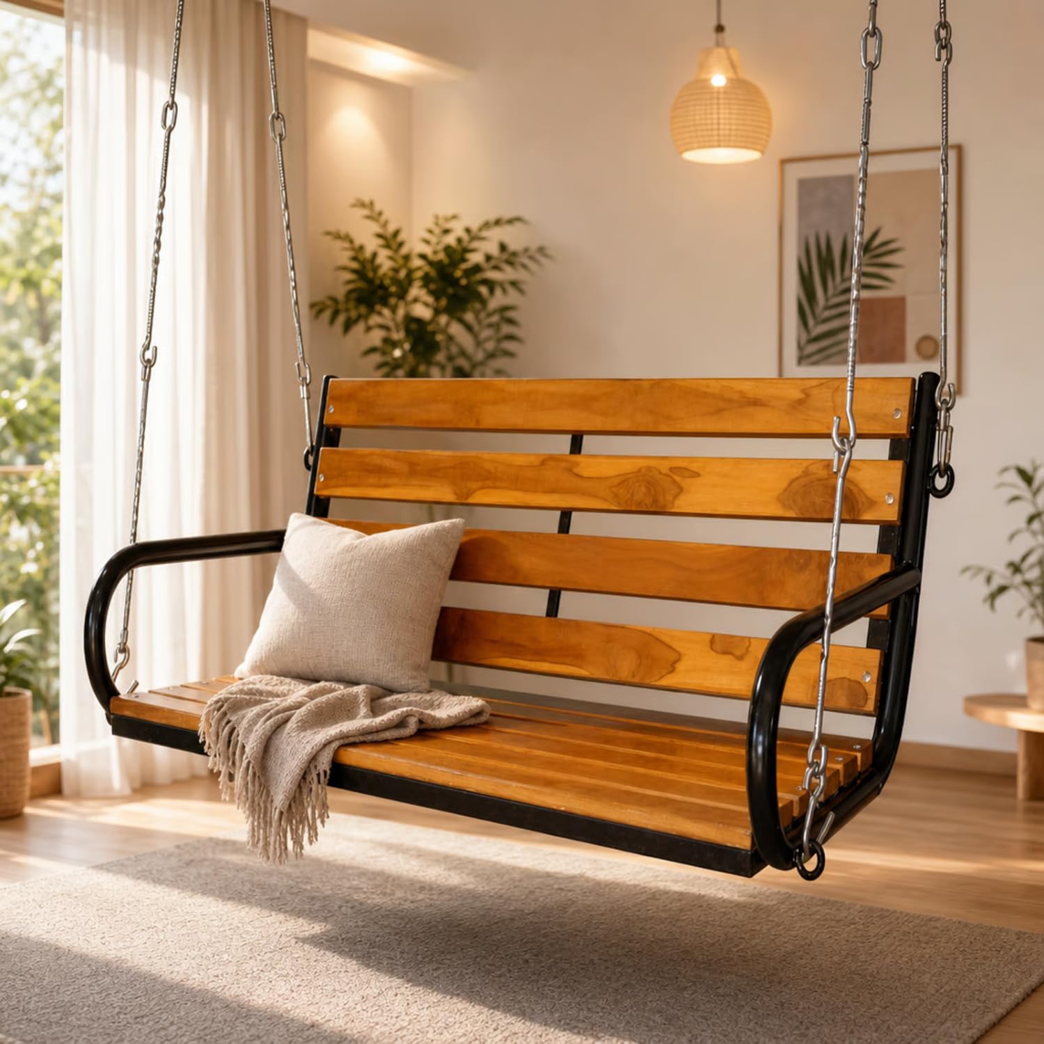 kaushalendra Indoor Hanging Swing Jhula for Balcony - Very Strong, 350 Kg Capacity Hammock Chair with Hanging Accessory (122 CM), Wood, Brown-picture-3