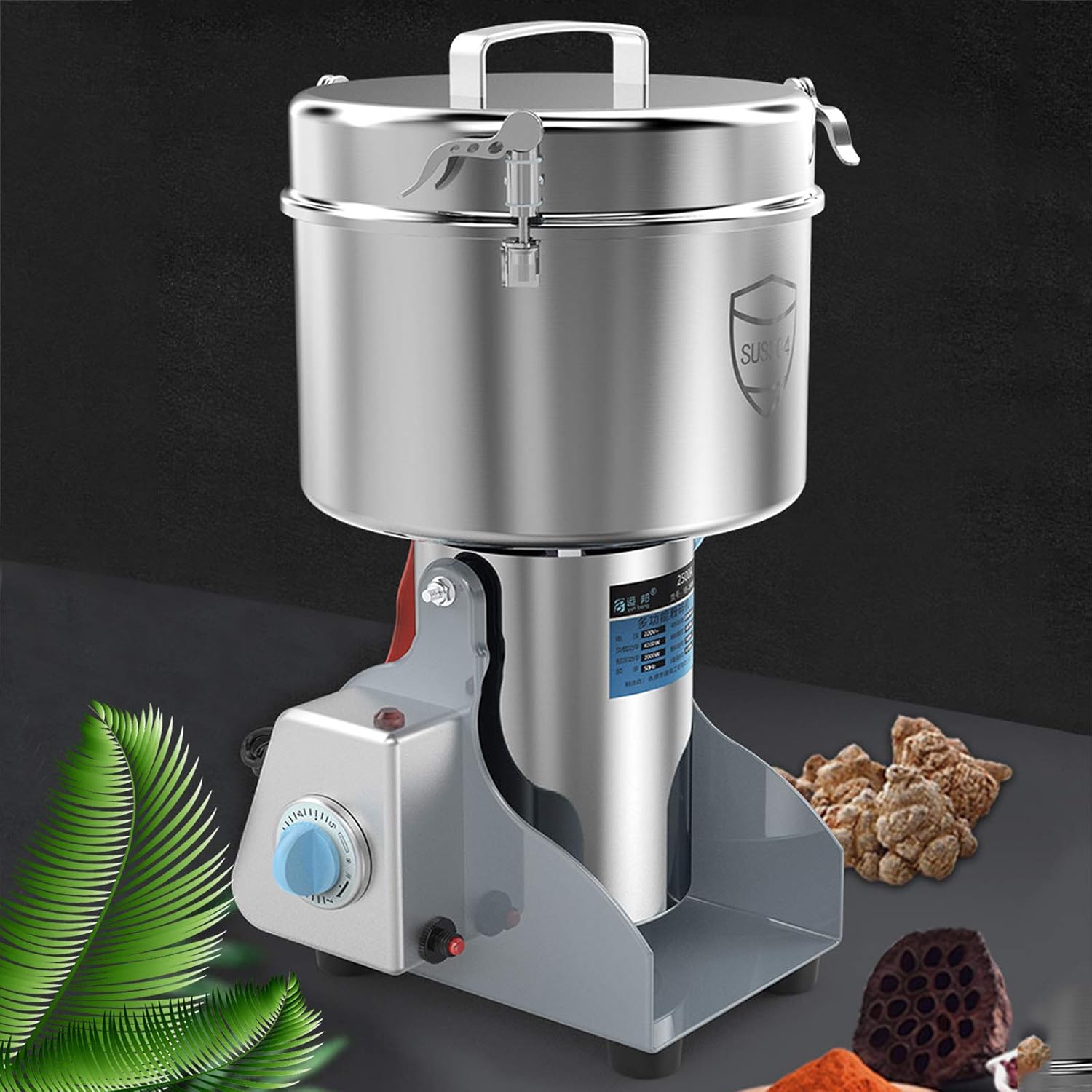 2000G Electric Grain Grinder, 32000RPM Electric Dry Food Grinder Machine Kitchen Domestic Stainless Steel Pulverizer Commercial Cereals Grain Mill for Grains Spices Herbs Pepper Coffee