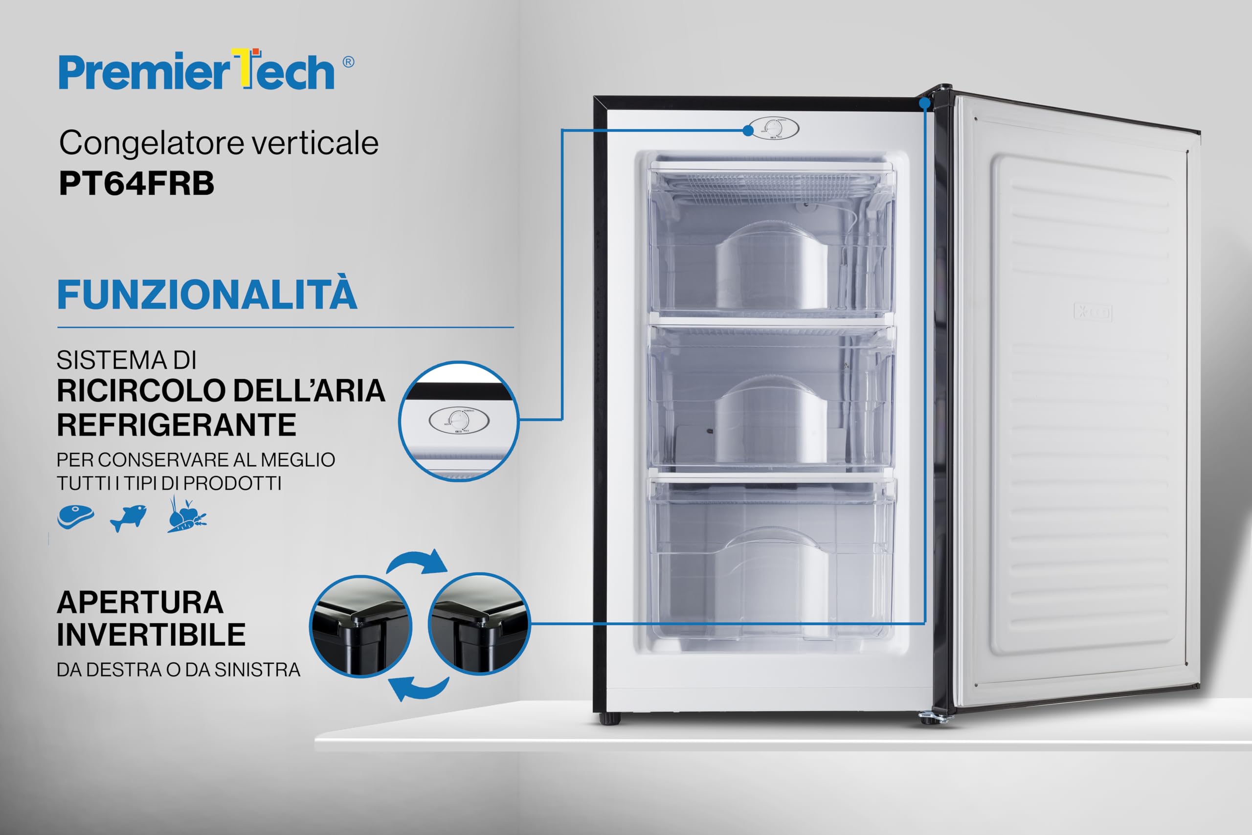 PremierTech Congelatore Verticale Nero, 64 Litri, 3 Cassetti, 4 Stelle, -24°C, Classe Energetica E, Porta Reversibile, Termostato Regolabile, Libera Installazione, Sottotavolo, Freezer, PT64FRB