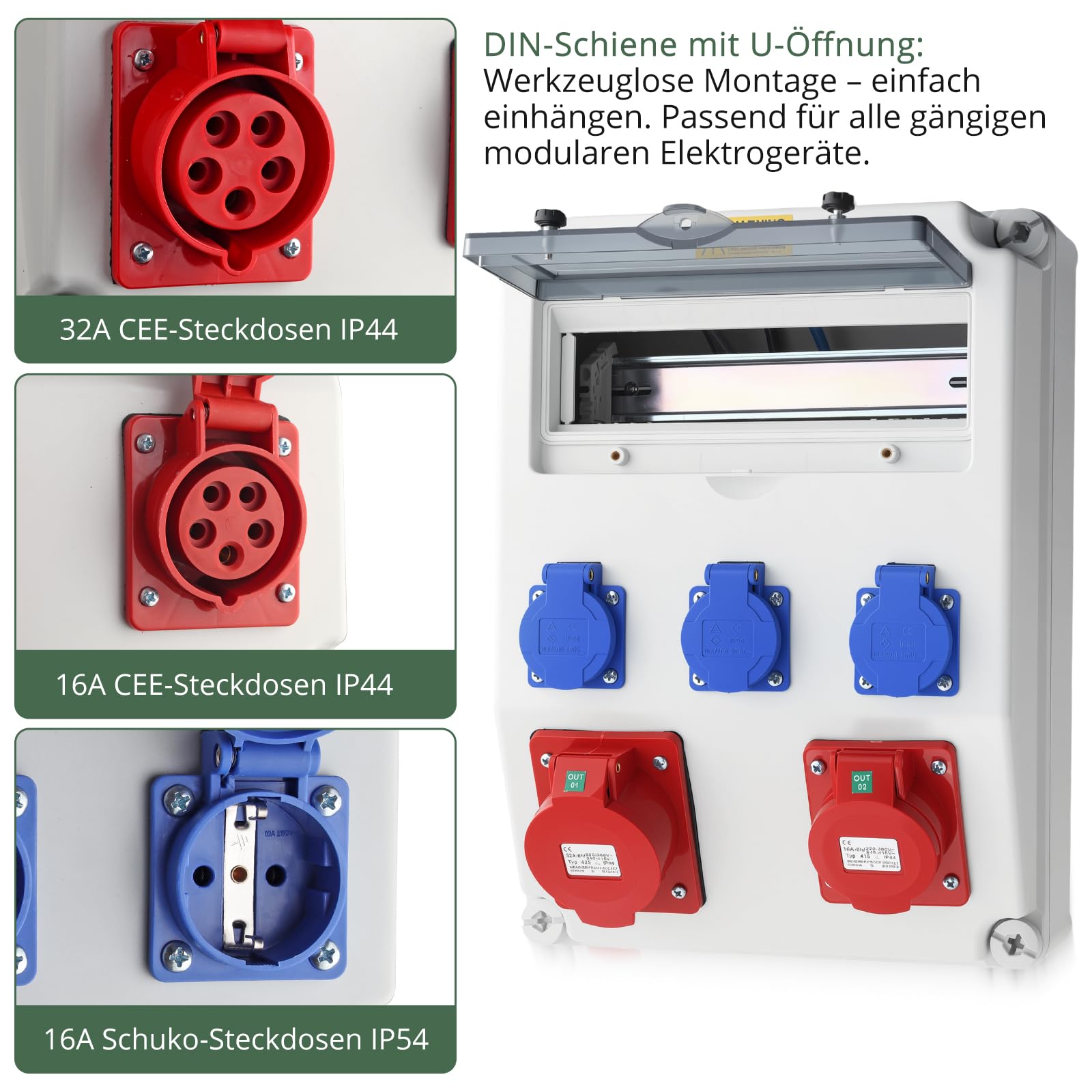 EYPINS Rozdzielacz prądu budowlanego bez LS+FI, rozdzielacz ścienny 3 x 230 V Gniazda Schuko 16 A+Wtyczki CEE 16A+32A, IP66, ognioodporne ABS do wnętrz, na zewnątrz, warsztat i fabryka