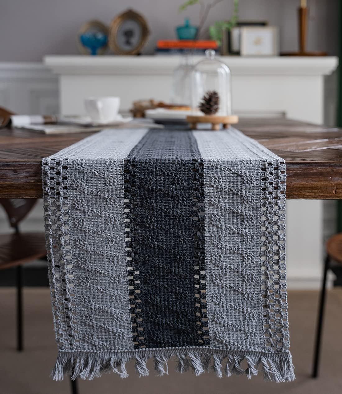vctops Boho Moroccan Table Runner Farmhouse Rustic Handmade Woven Tassels Cotton Linen Bohemian Vintage Table Decor for Holiday Party(Gray,12"×138")