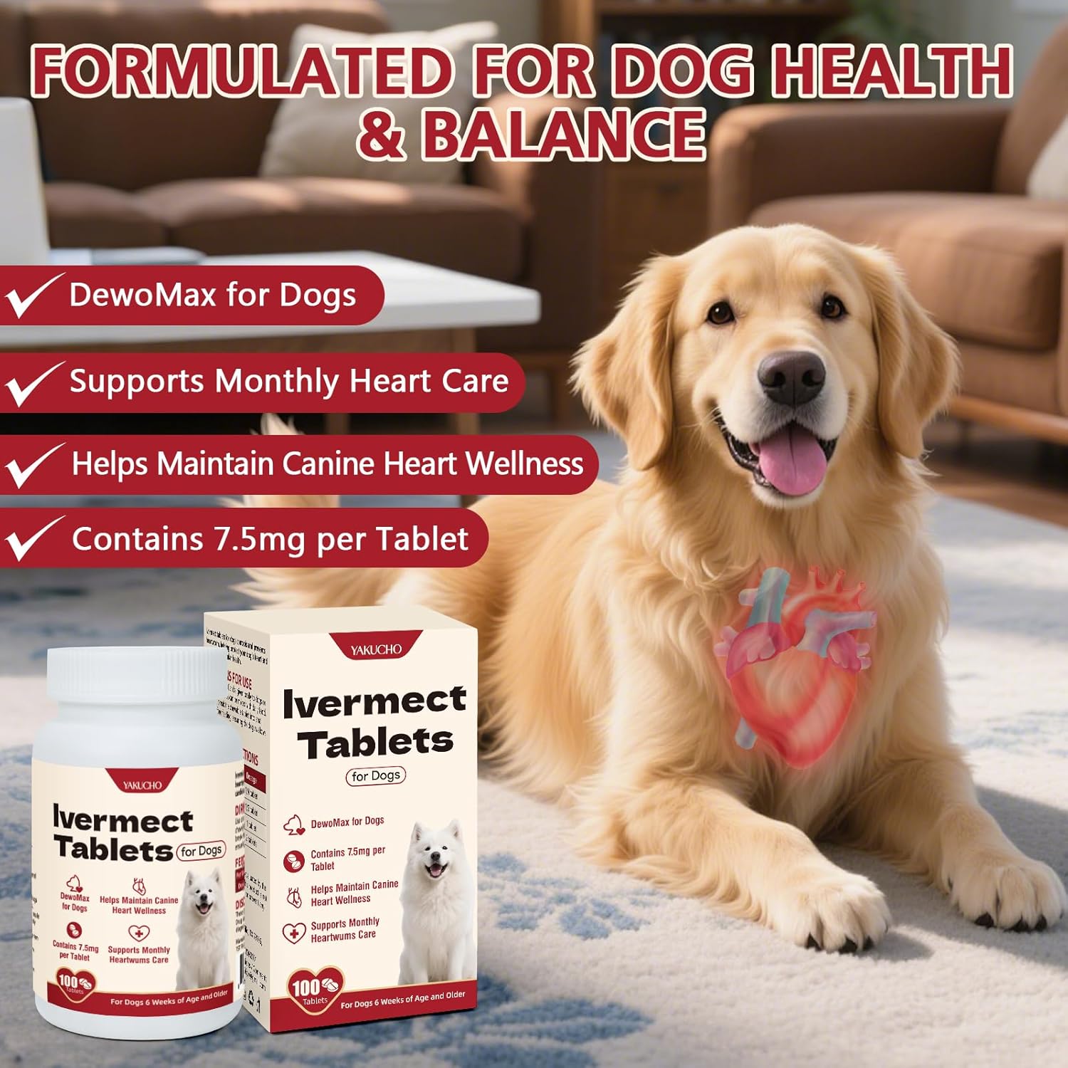 lvermect Tablets for Dogs, 99% Purity for Heart Health, Supports Canine Heart Wellness, Promotes Immune Support - 7.5mg(100 Tablets)