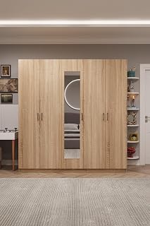 ASRA TREND Sonoma Desen G-04 5 Kapaklı 2 Çekmeceli Aynalı Gardırop 200x218 cm Çok Raflı Askılıklı Elbise Dolabı%100 MDFLAM Modern Yatak Odası Dolabı