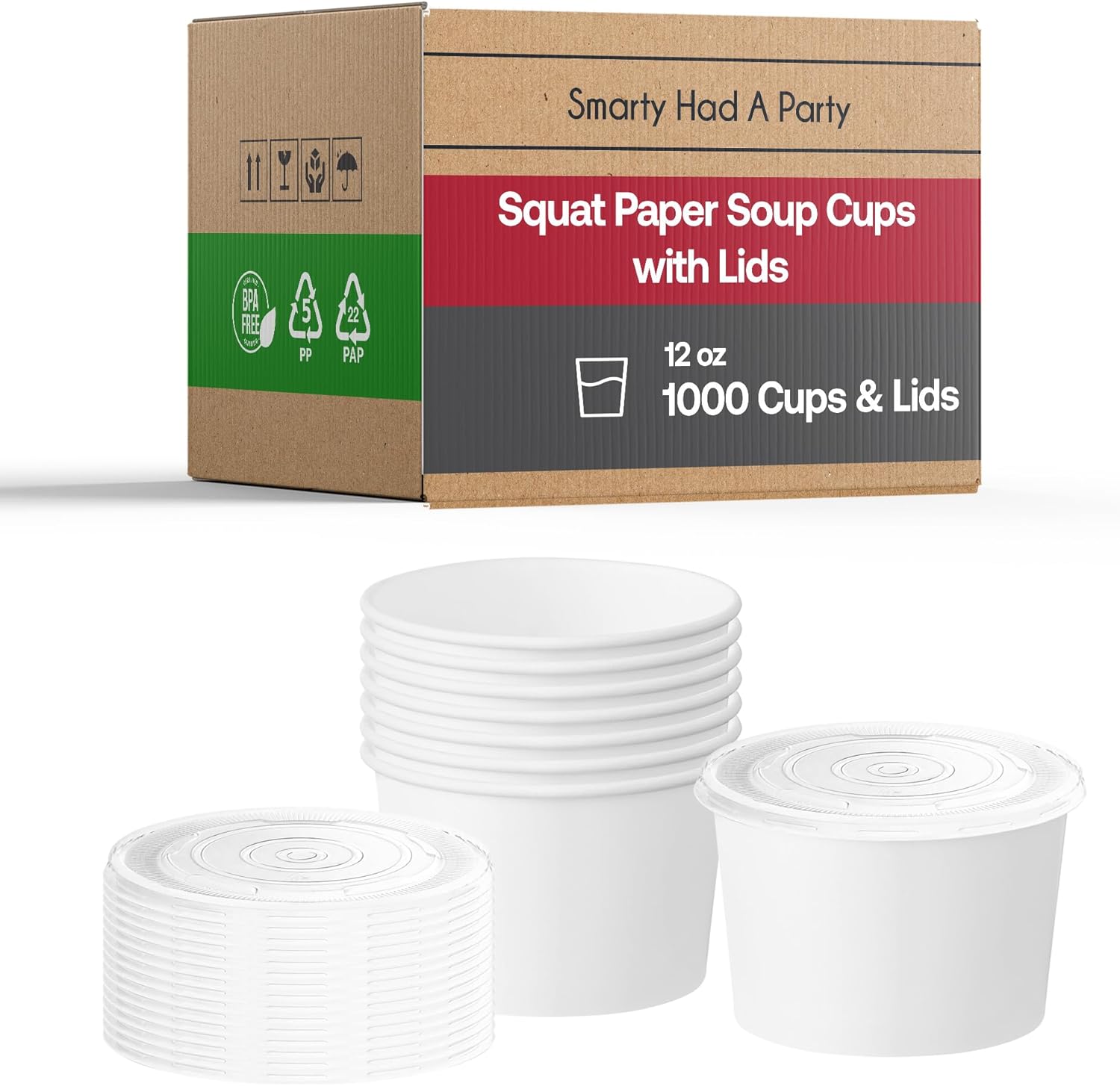 Smarty Had A Party 1000 Squat Paper Soup Cups with Lids 12 oz Disposable Paper Soup Containers with Lids for Hot Food