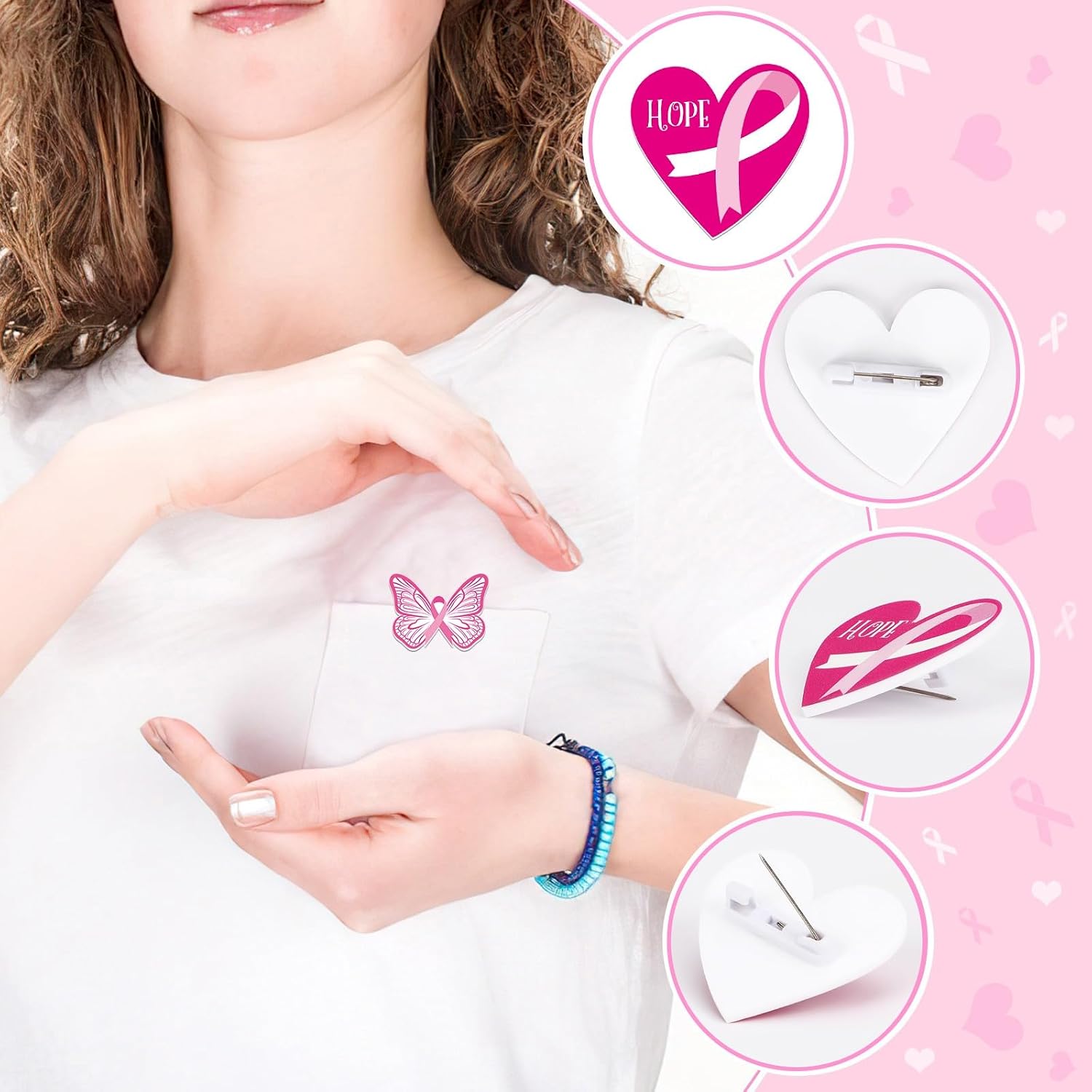 72Pcs Breast Cancer Awareness Pins Pink Ribbon Acrylic Lapel Pins image 2