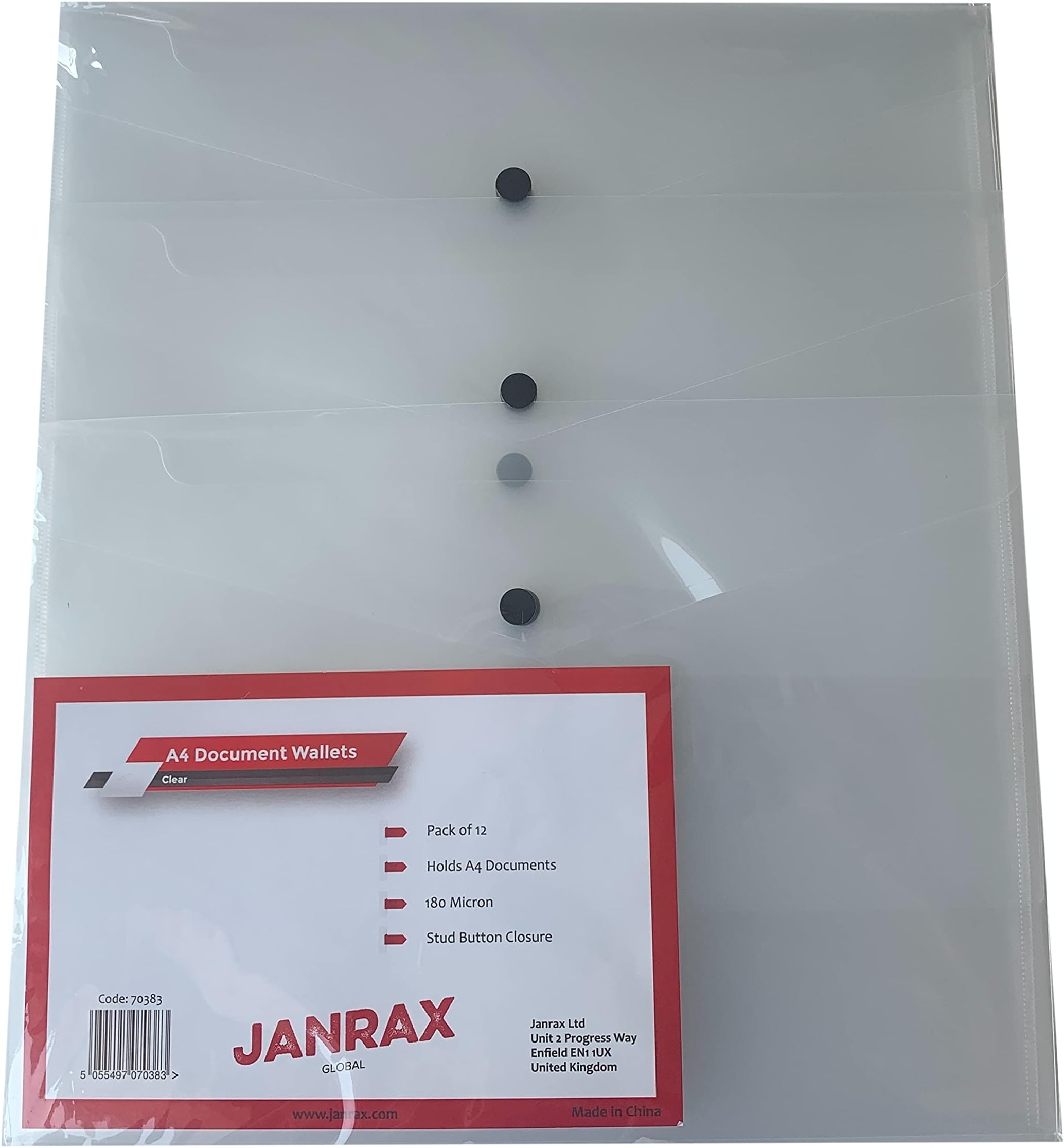 Pack of 12 Janrax A4 Clear Document Wallets - Button Stud Folder