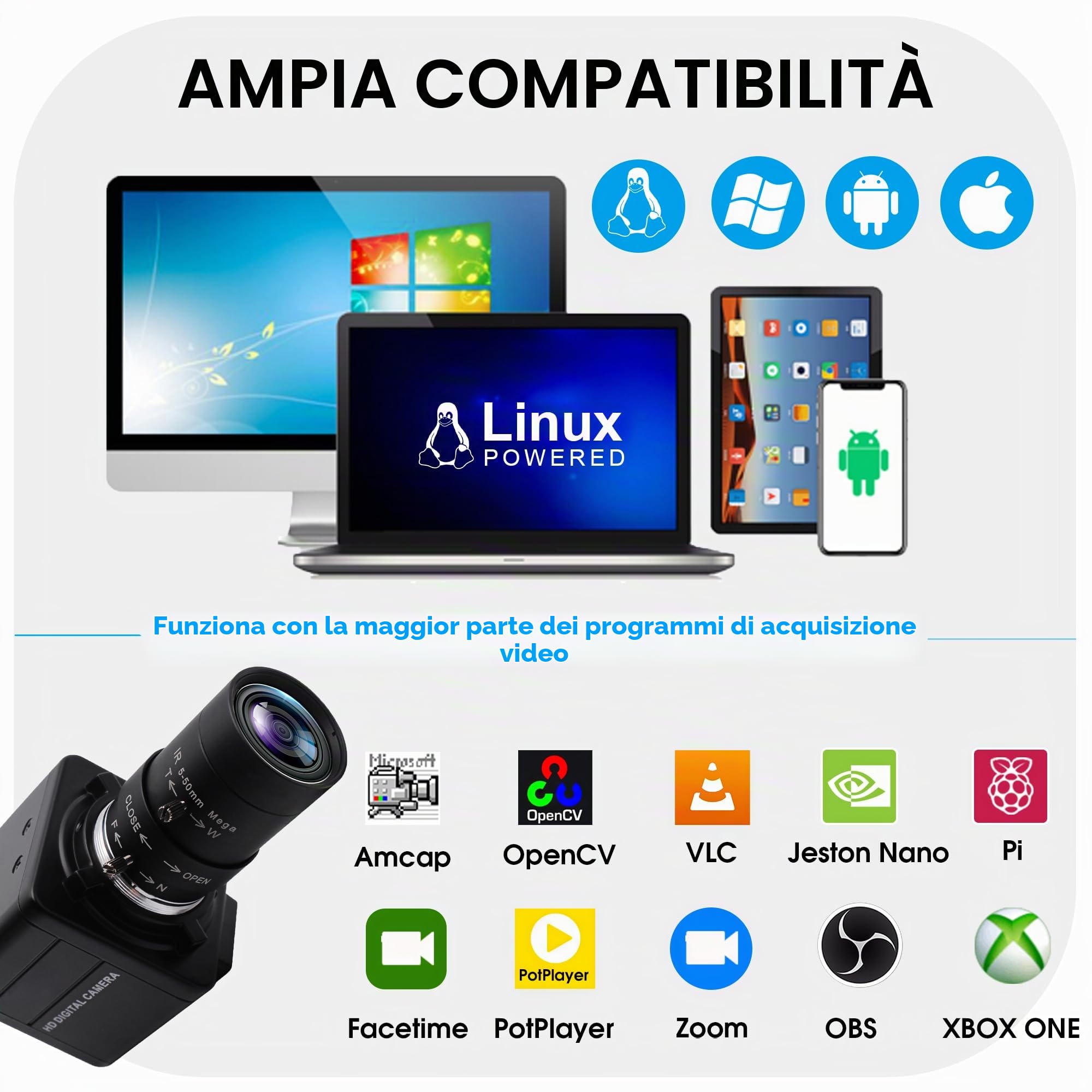 SVPRO Glof Swing Camera ad alta velocità 260fps 1080P 60fps Messa a fuoco manuale Webcam per computer con obiettivo 5-50mm Zoom ottico 10X Close-up per Windows Linux MacOS Android Raspberry Pi