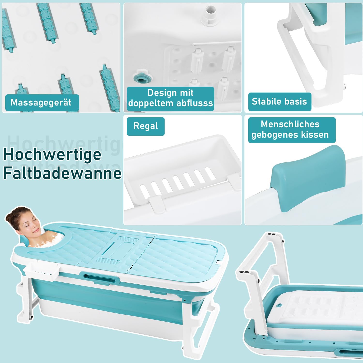 Faltbare Badewanne für Erwachsene, Klappbare Mobile Badewanne 149×60×50 cm, Tragbar & Platzsparend, mit Abdeckung und Ablaufschlauch, für Bad, Dusche & Outdoor, Blau