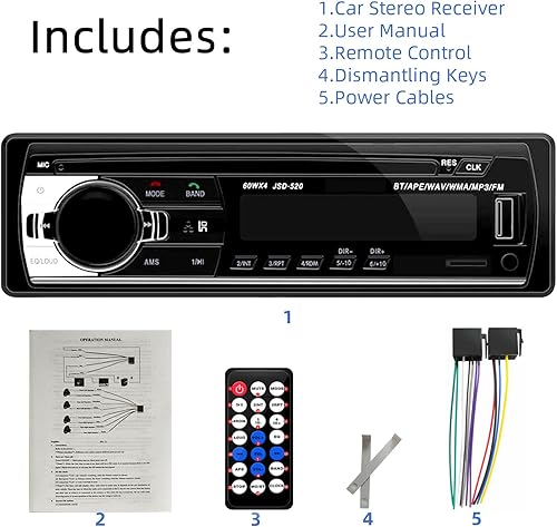 Miniatura 7 de JSD-520 Reproductor de audio estéreo para coche MP3 DIN único Bluetooth manos libres receptor de radio FM carga USBAUXTF, sin reproductor de CD