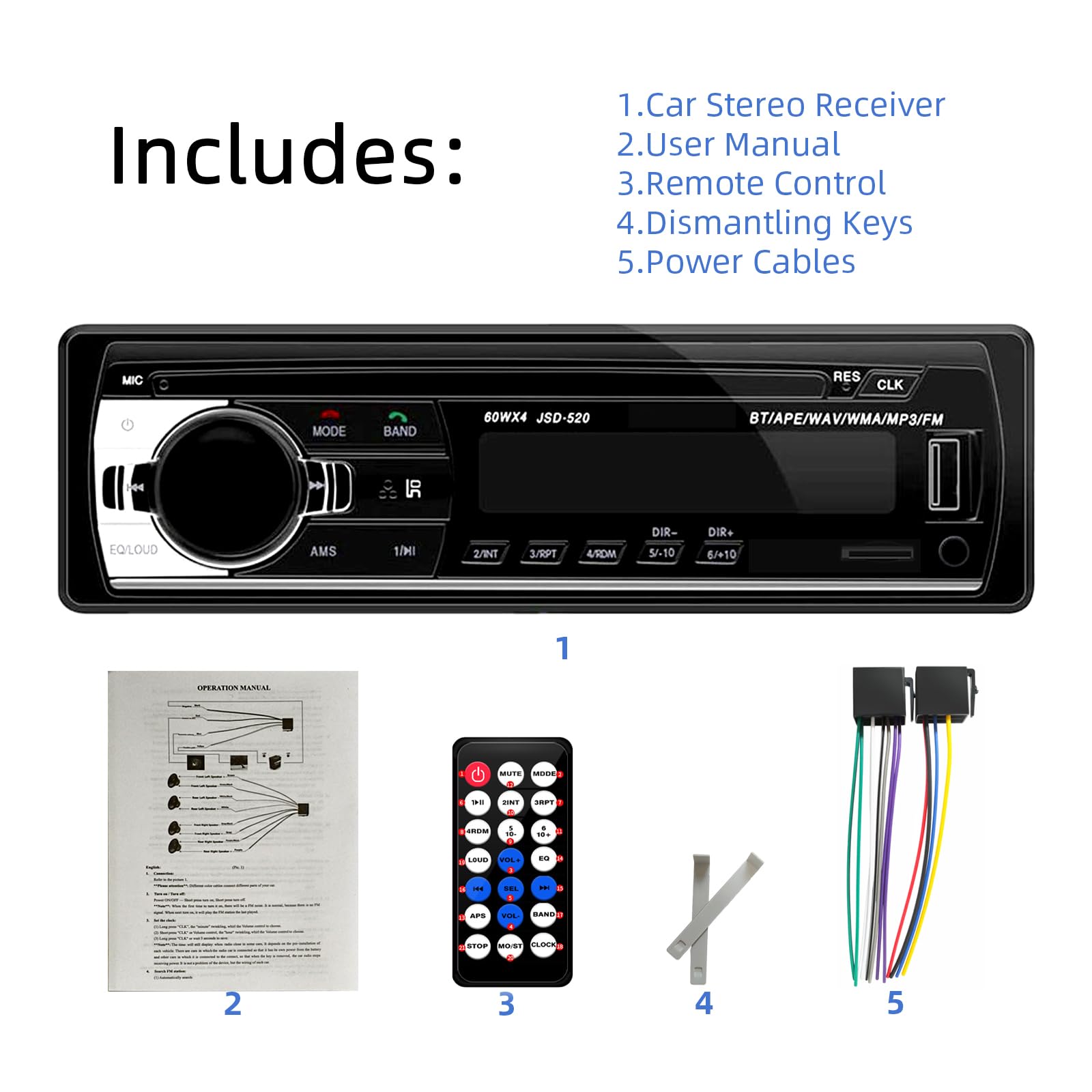 JSD-520 - Reproductor de audio estéreo para coche, MP3, Bluetooth, manos libres, receptor de radio FM, carga USB/AUX/TF, sin reproductor de CD