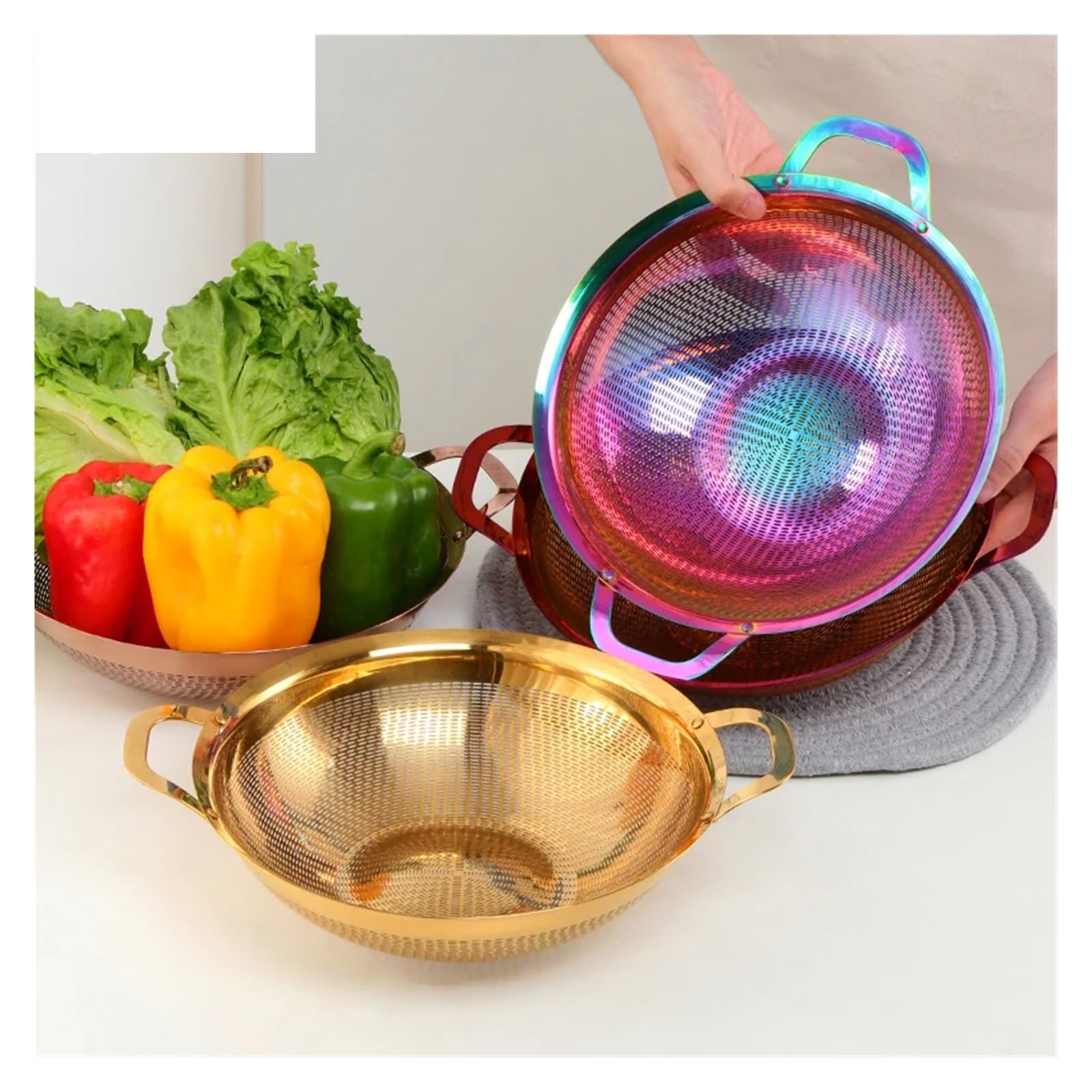 Escurridor de acero inoxidable, coladores arroz, colador frutas dorado, filtro malla for verduras con mango, herramienta cocina para Cocina(Gold)