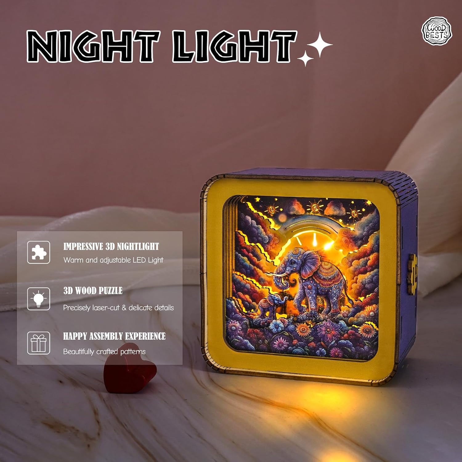 WOODBESTS 3D Puzzle Nightlight (Elephant Dreamscape) DIY Crafts for Adults Home Decorations Birthday Gifts for Family and Friends