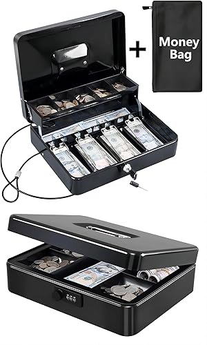KYODOLED Caja de efectivo con bandeja de dinero, cerradura de llave con cable de seguridad y bolsa impermeable, 11.81 pulgadas de largo 9.45