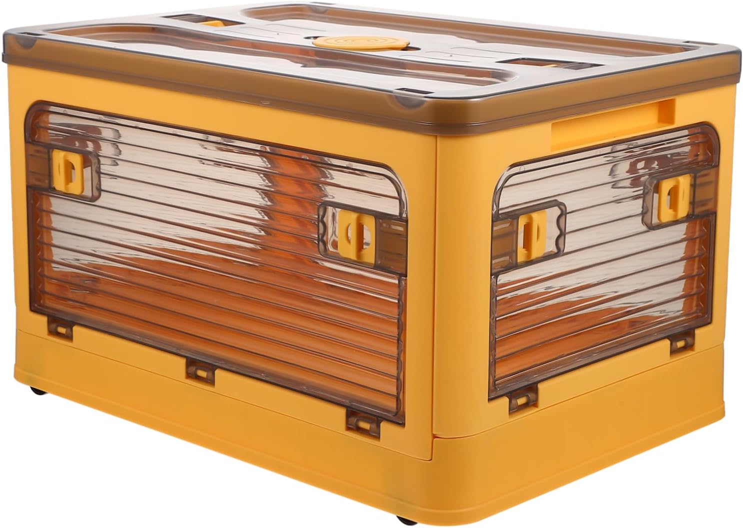 Foldable Transparent Desk Storage Holder with Cover and Wheels Portable Small Yellow Sundries Organizer Box for Home Office Bedroom PP Material Stackable Container