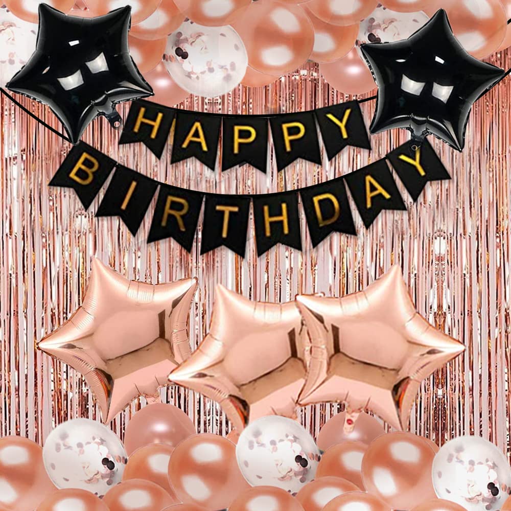 Party PropzRubber Birthday Decorations Combo Banner With Confetti Balloons, Star Foil Balloons, Foil Curtain 1st 18Th 21st 25Th 50Th 60Th 30Th Decorations Rose Gold Decoration 68Pcs