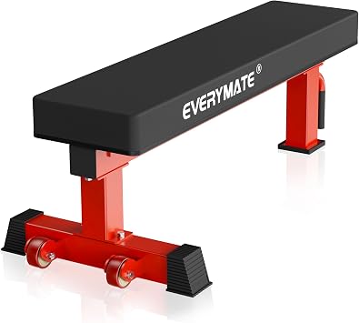 EVERYMATE Flat Bench, 4" Thick HeftyGrip Vinyl Pad, Rated 1,200 LB, Flat Benches for Home Gym & Strength Training, Professional Grade Flat Weight Bench Made of Heavy Duty 3"*3" Tube Red