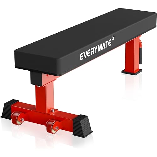EVERYMATE Flat Bench, 4" Thick HeftyGrip Vinyl Pad, Rated 1,200 LB, Flat Benches for Home Gym & Strength Training, Professional Grade Flat Weight Bench Made of Heavy Duty 3"*3" Tube (Red)