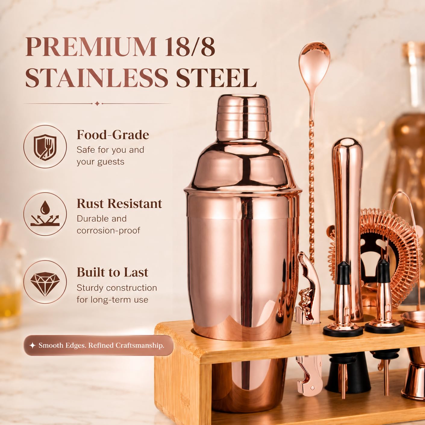 Rose Gold Cocktail Shaker Set, Premium 18/8 Stainless Steel Mixology Bartender Kit with Stylish Bamboo Stand 10-Piece Bar Tools & Accessories for Home Decor - Gift for Women, Mom, Wedding view 3
