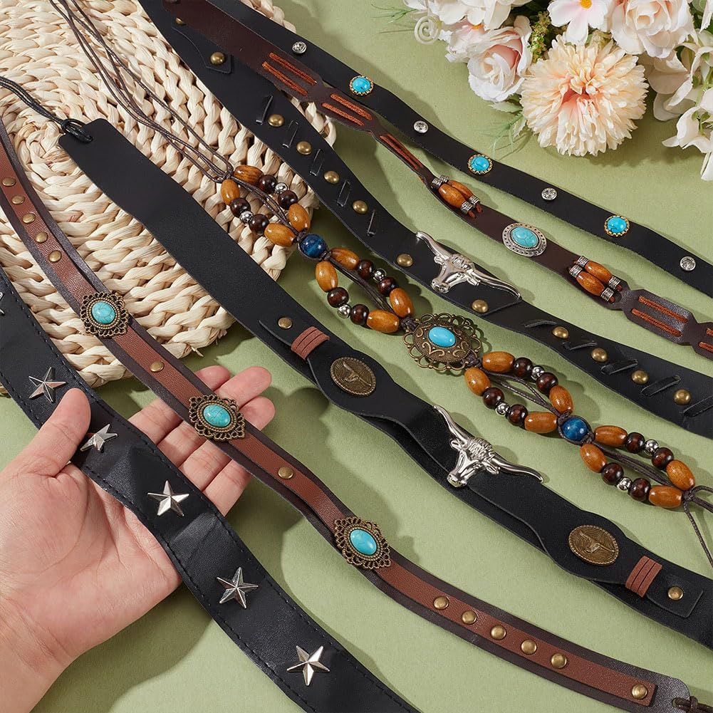 8Pcs Imitation Leather Cowboy Hat Strap 8 Styles Adjustable Western Beaded Cowgirl Hats Belt Replacement Strap Rodeo Headbands Rural Belts Ethnic Accessories for Women Men Black