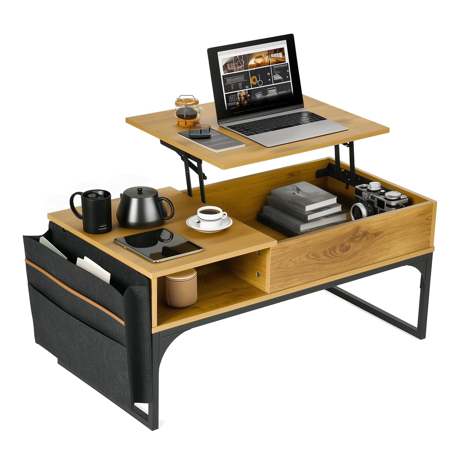 MEUBLE Cosy Mesa de Centro Elevable Mesitas Salón para el café Sofá con Espacio y Bolsillo de Almacenamiento, Estructura de Metal, Estilo Industrial, Marrón Claro, 100x50x45cm