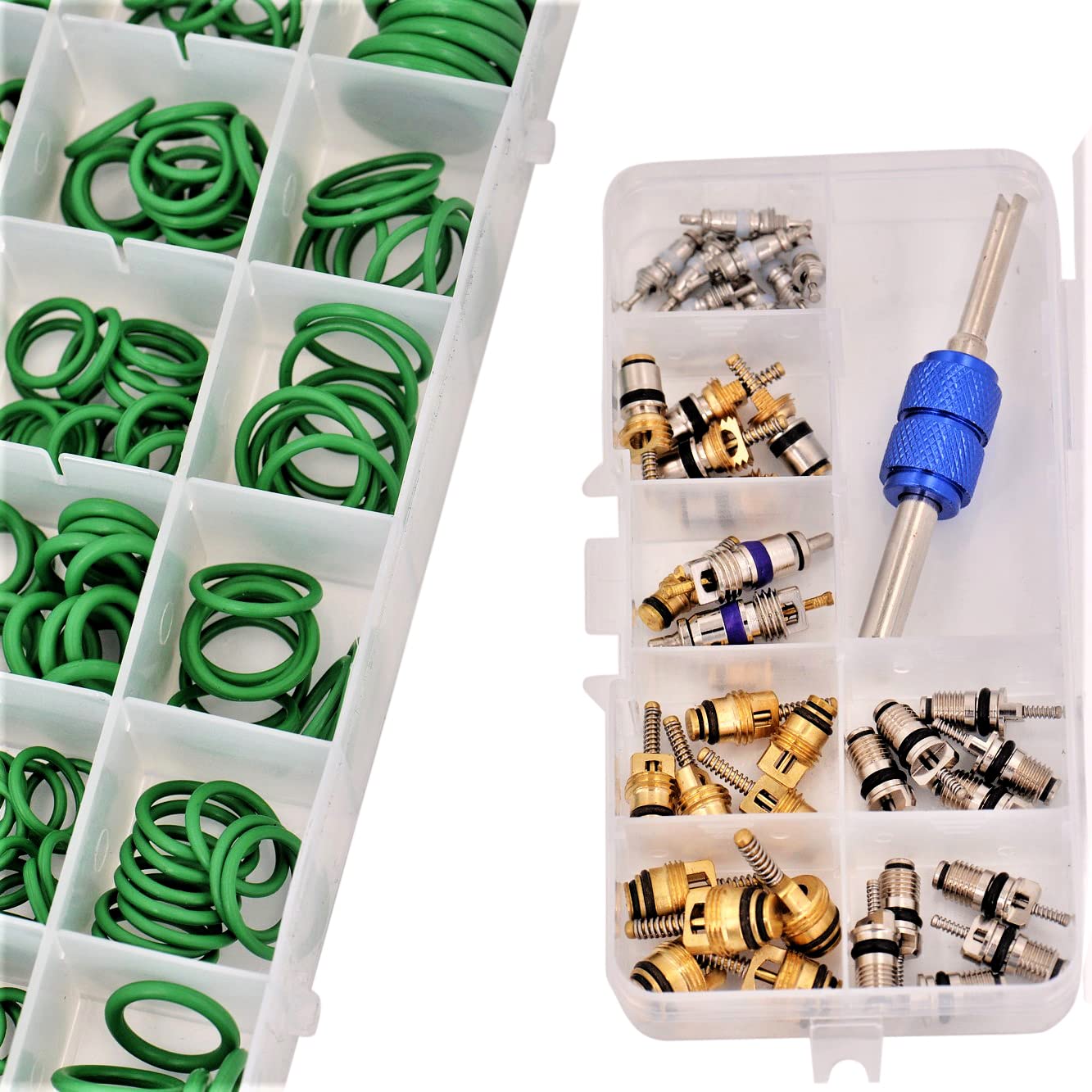 Universal Car A/C Repair Kit | AC Valve Core Assortment (1) | Oring Assortment - 270 O-Ring Seals | for R12 - R134a | Air Conditioning Refrigeration Leak | Including Parts Tray
