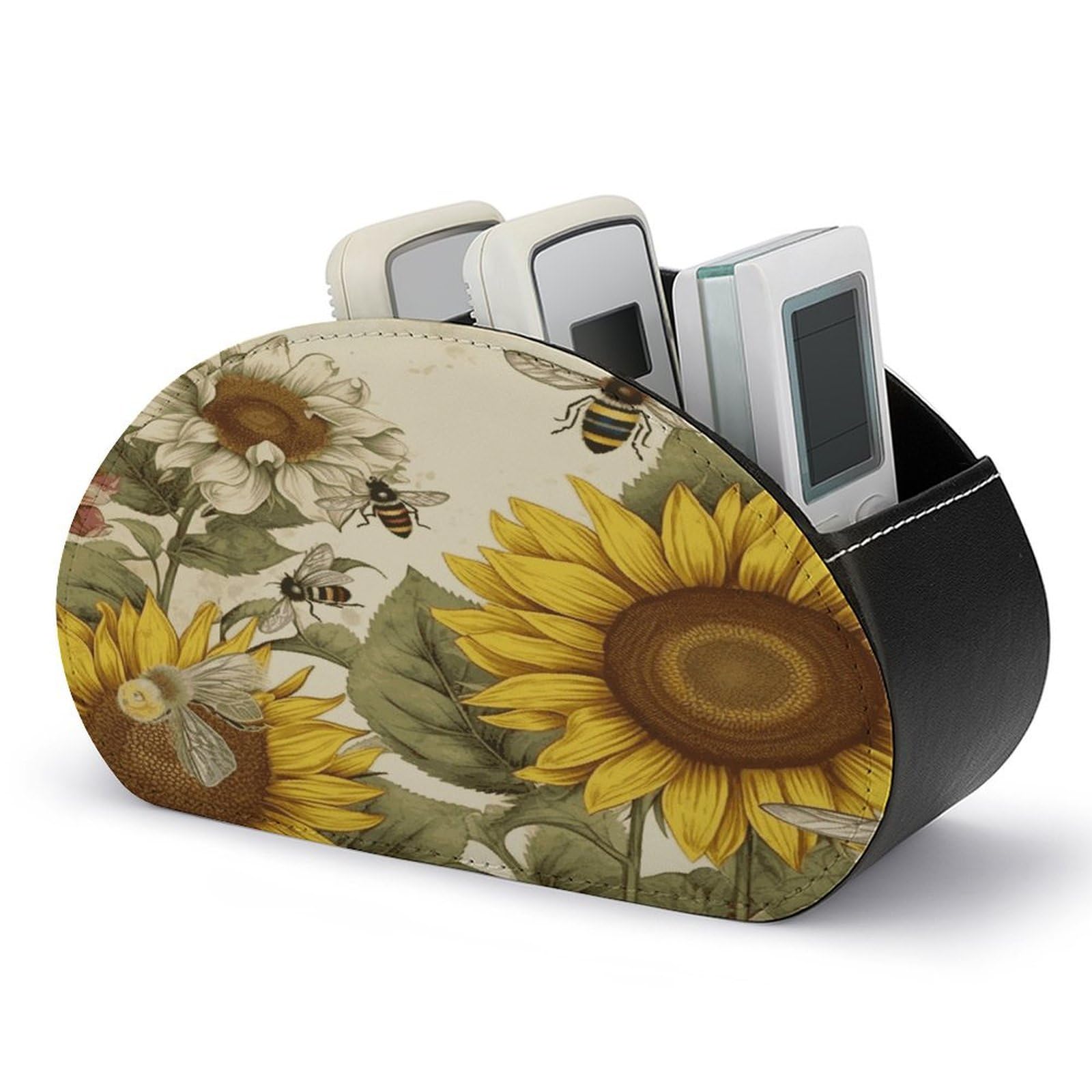LZQPOEAS Bees Sunflowers Daisy Rose Flowers Remote Control Holder with 5 Compartments PU Leather Remote Organizer Box Caddy for Table Nightstand Remote Caddy Desktop Organizer Fits Media Controllers