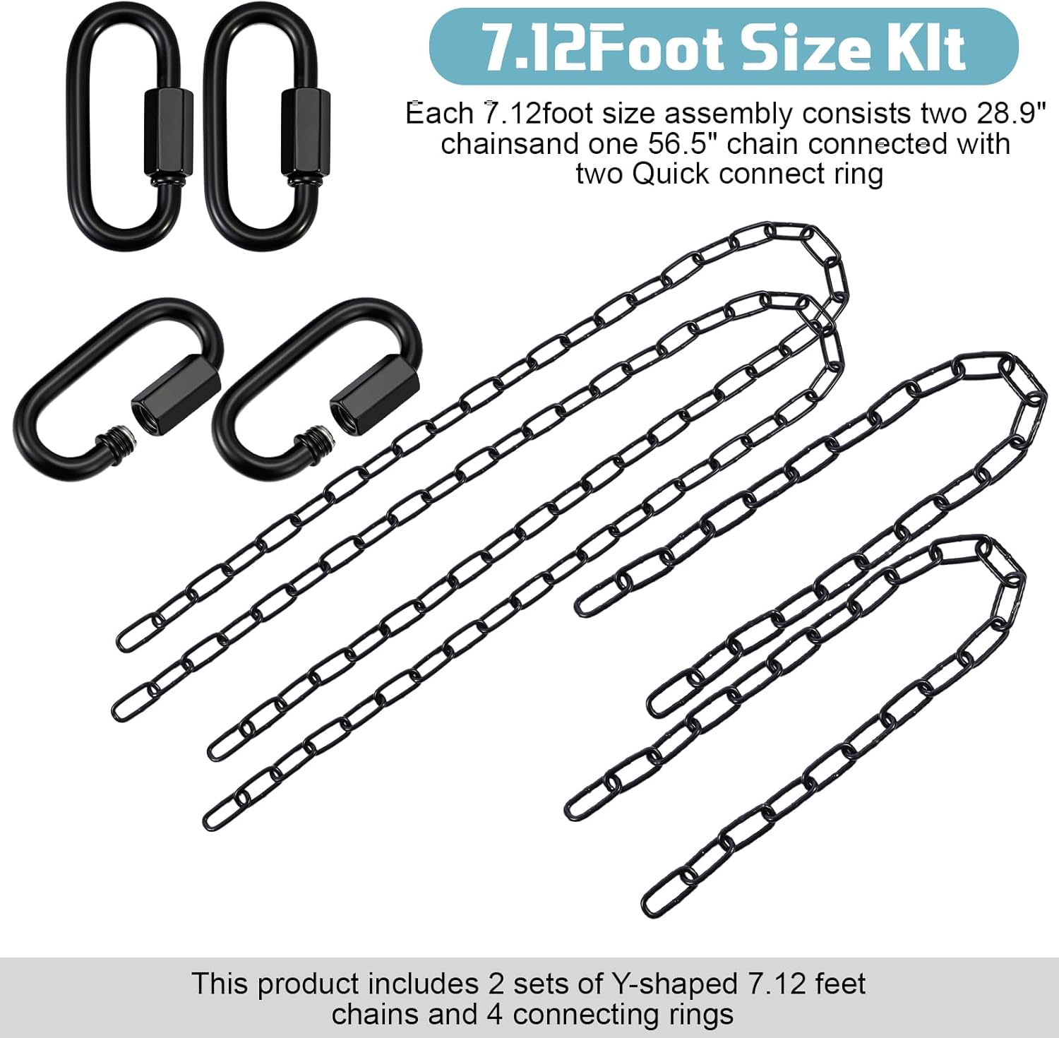 Heavy Duty Porch Swing Hanging Chain Kit (2 Pack) 1500 Lbs Capacity, Up to 7.1ft Length- Rustproof Zinc-Plated, 4 Quick Links & 2 Y-Chain Assemblies, Indoor/Outdoor Hanging Hardware(Black)