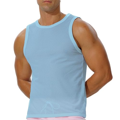 FIROTTII Men's Mesh Workout Tank Top Fitted Sleeveless Shirt for Casual Gym Muscle Training - Medium - Lightblue