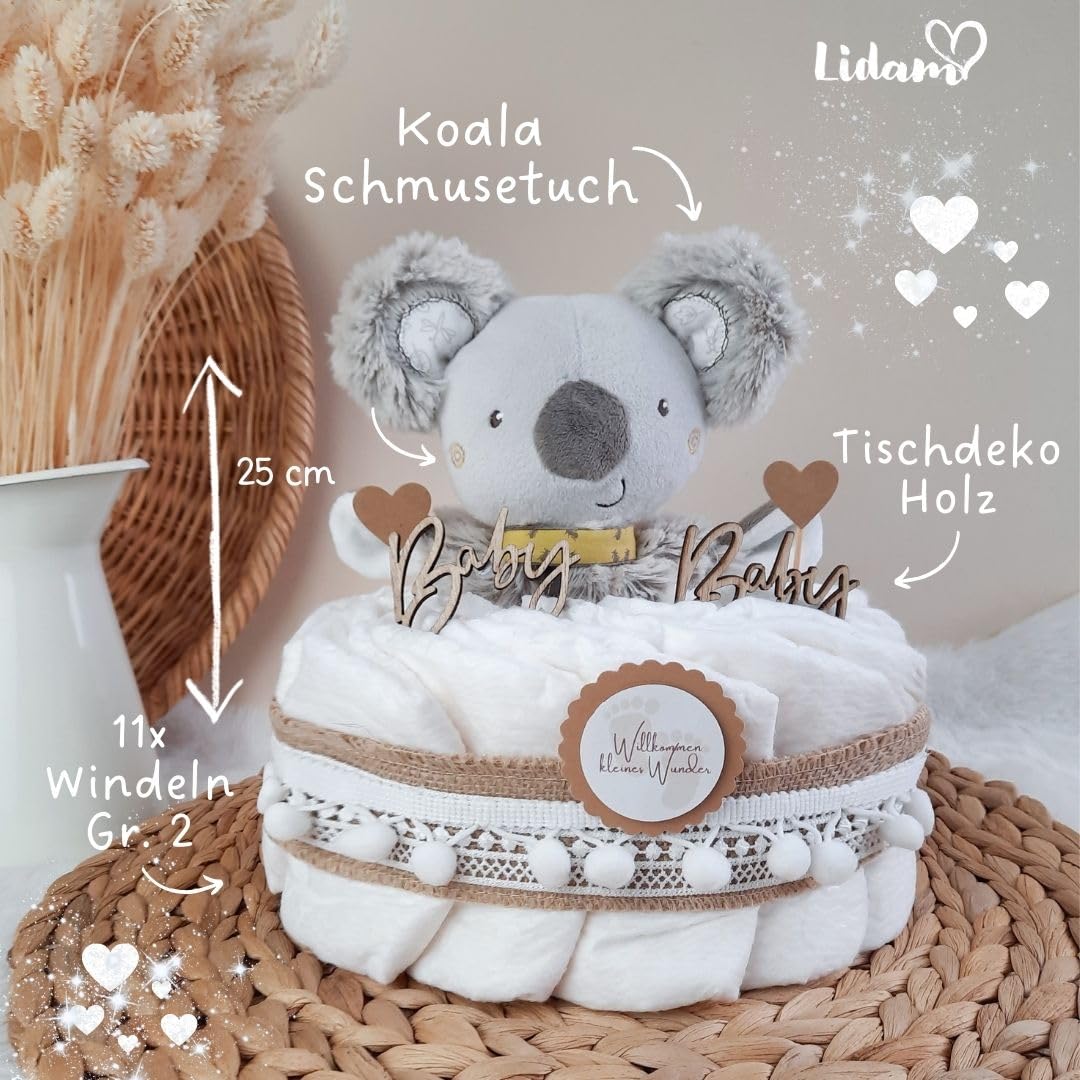 Windeltorte klein mit Kuscheltier Boho Vintage Stil | Geschenk zur Geburt | Made in Germany | mit Premium Windeln & schönem Zubehör | Baby Geschenk | Geschenke zur Geburt