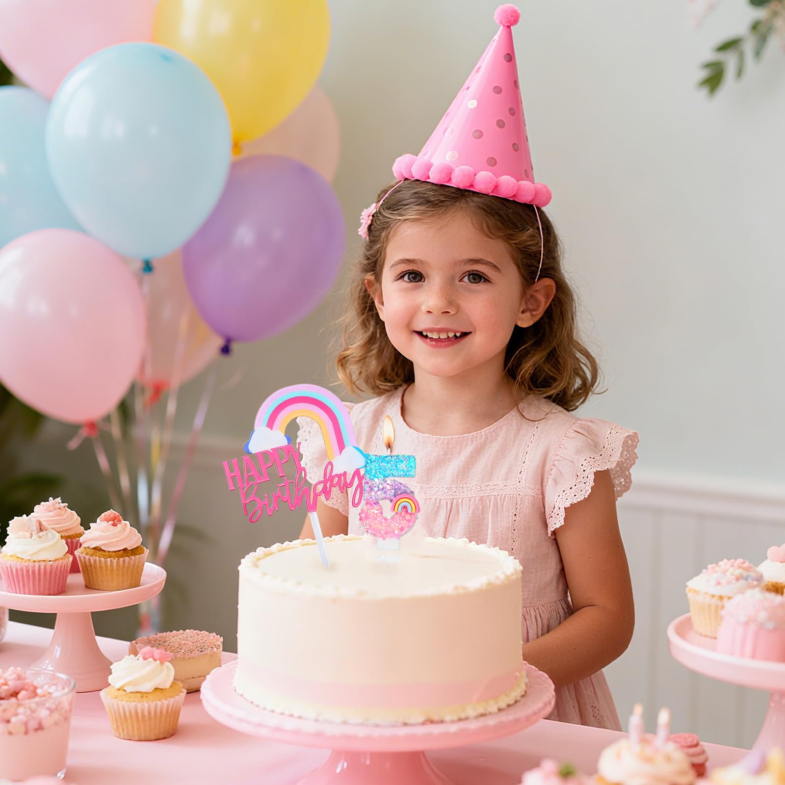 Bougies d'anniversaire Arc-en-ciel 5 Ans 3D Chiffre Fille Décoration Gâteau Enfants