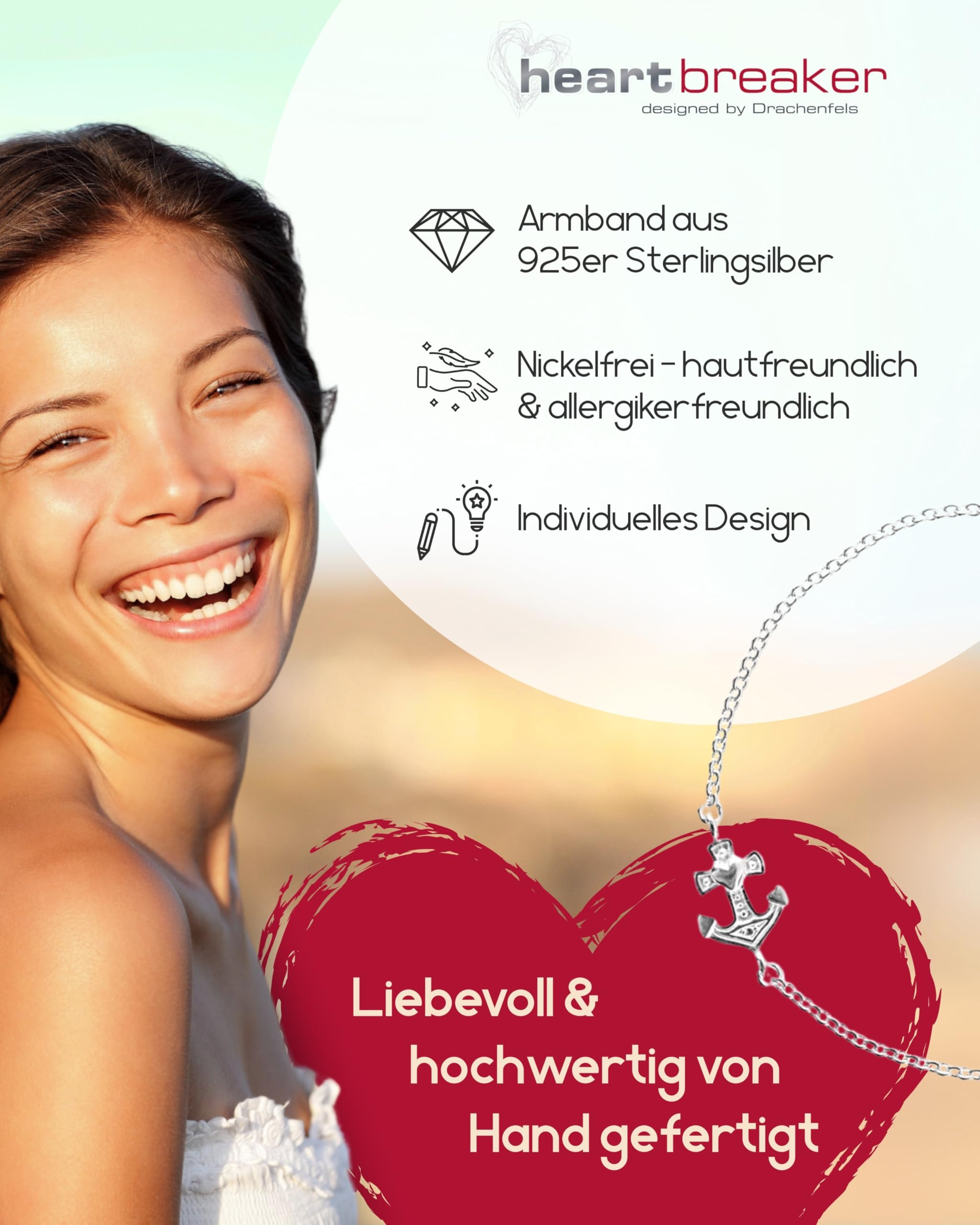 Heartbreaker "Glaube, Liebe & Hoffnung Armband I Damen-Armkette aus 925 Sterling Silber I Nickelfreies Armband mit Anker-Anhänger in Goldschmiedequalität I Silberarmband inkl. Verpackung I LD GLH 81