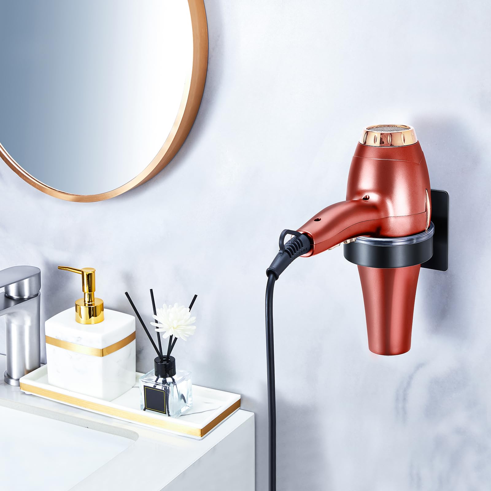 Hair Dryer Holder, Black Blow Dryer Holder Wall Mounted, Hairdryer Holder for Bathroom, Adhesive Hair Tool Organizer for Hair Dryer Storage Organizer, Stainless Steel Hair Dryer Hanger