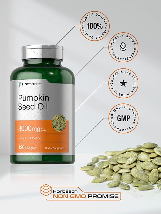 Horbaach Pumpkin Seed Oil 3000mg | 120 Softgel Capsules | Essential Fatty Acids with Omega 6 and 9 | Cold Pressed Dietary Supplement | Non-GMO and Gluten Free Formula