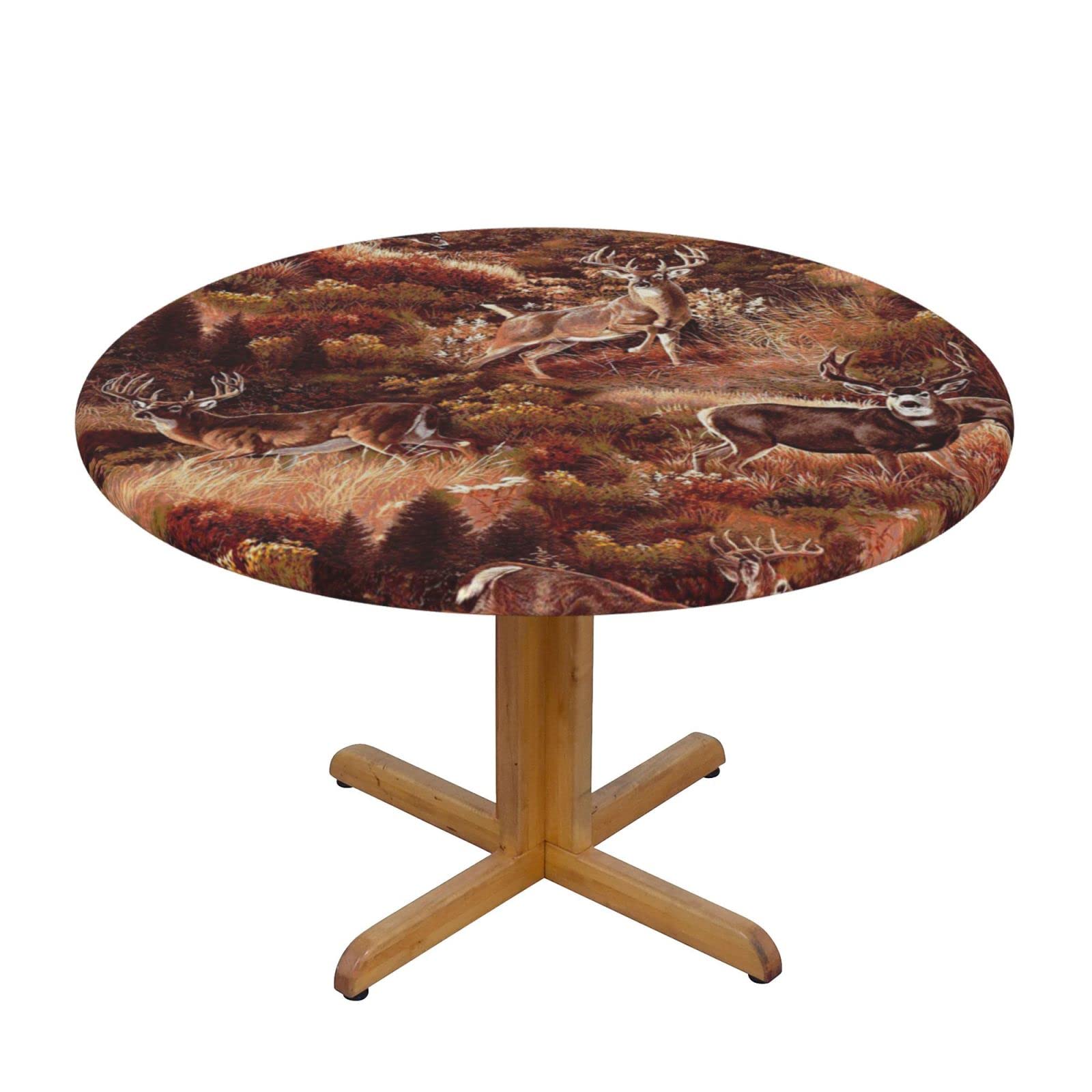 Lsjuee Round Fitted Tablecloth 45-50in Elastic Edged Table Cloth for Kitchen Dining Party Home Decor - Brown Deer Wildlife