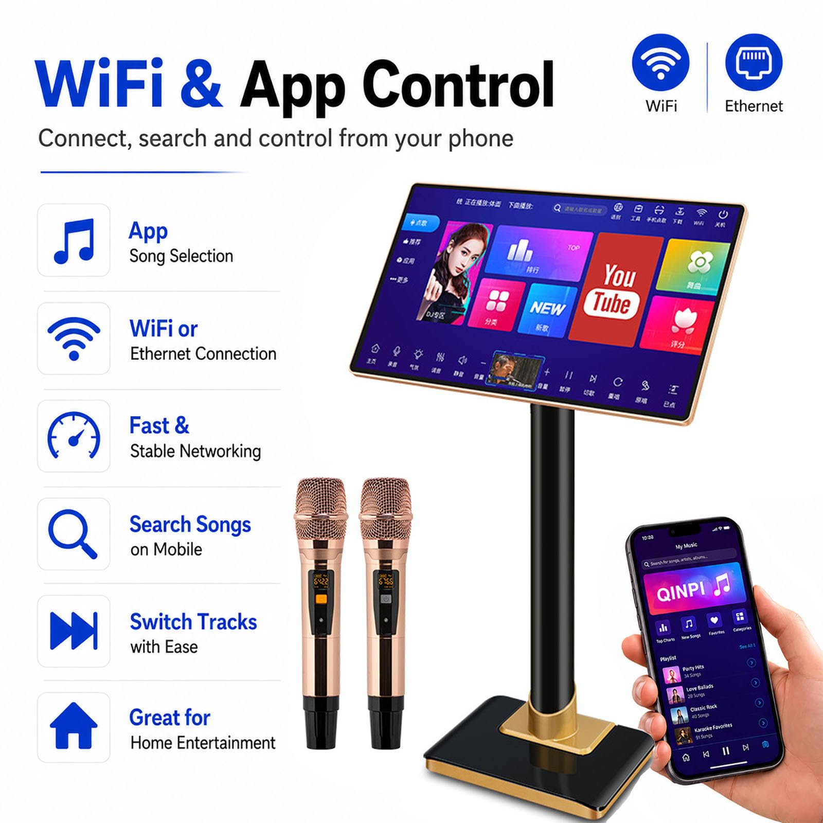 Macchina per Karaoke con Schermo Touchscreen da 21,5 Pollici, 2 Microfoni Wireless, Ricerca Vocale di Brani Tramite Ia, Dsp Integrato, Controllo Tramite App Wi-Fi, 3 TB, 4 TB, 6TB