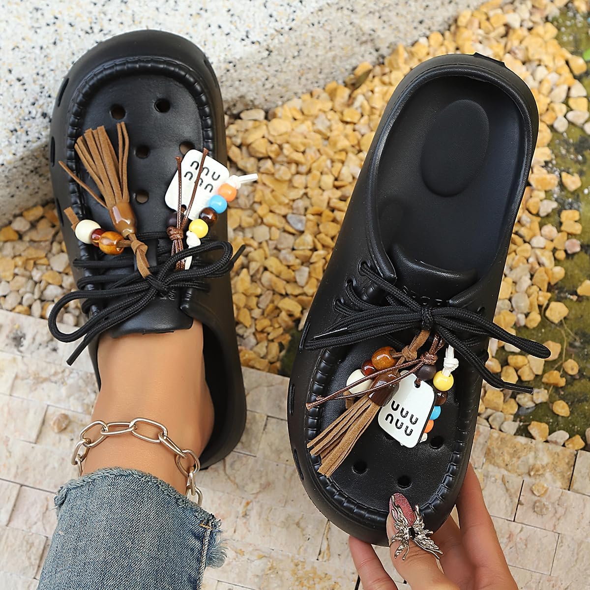 KINIKO Women's Clog Sandals with Retro Beaded Tassel Charms, Arch Support & Non-Slip Sole for Beach, Outdoor & Party Wear image 4