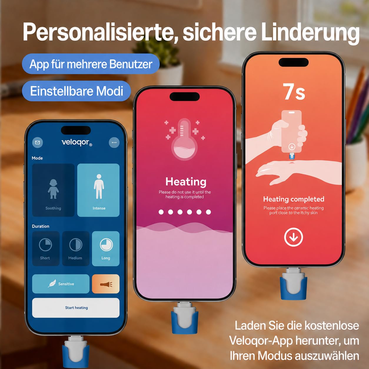 Smartphone-betriebene Juckreizlinderung bei Insektenstichen, batterielose Nachbehandlung gegen Insektenstiche, Juckreizlinderung bei Mückenstichen mit USB-C