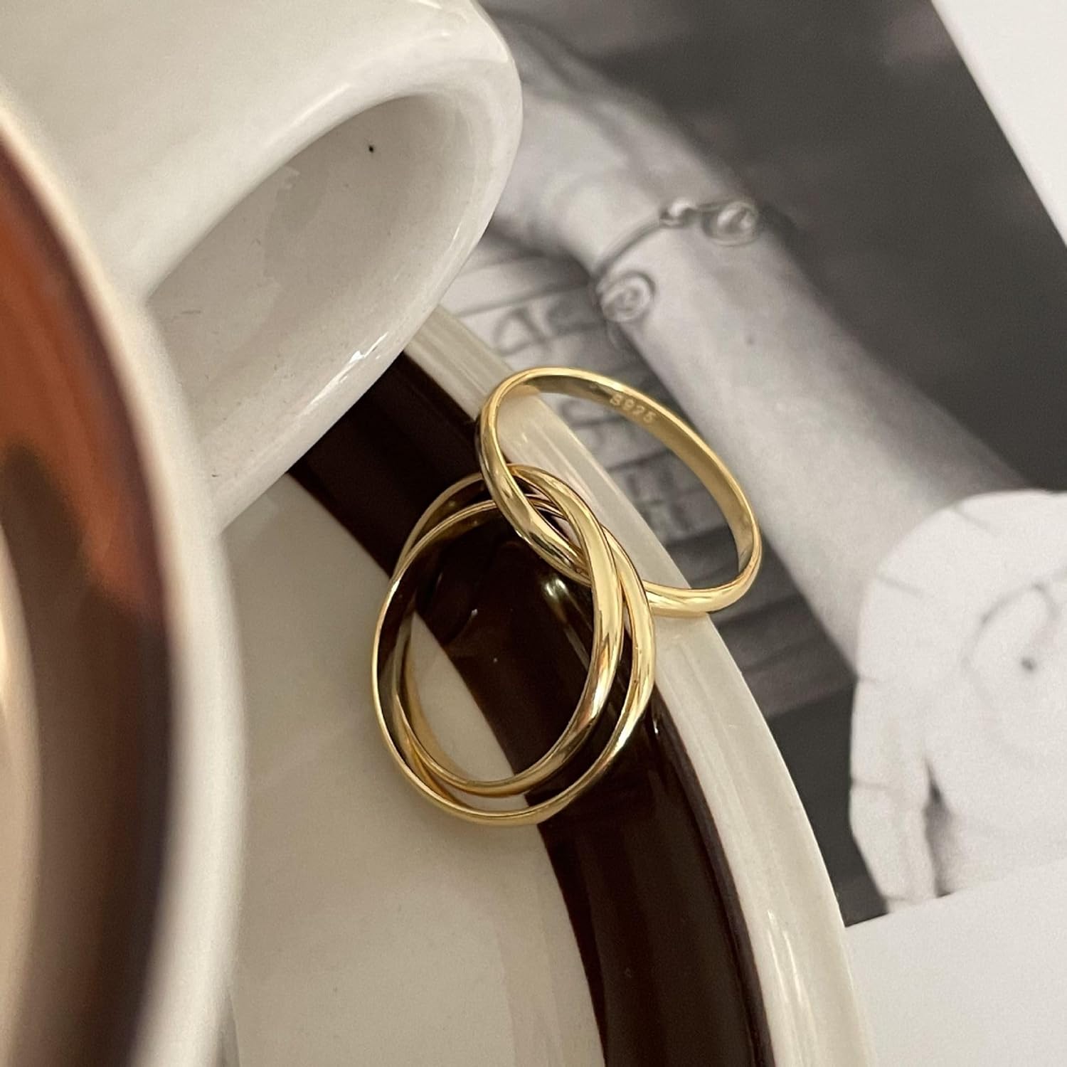 14K Gold Plated Interlocking Fidget Anxiety Ring 925 Sterling Silver Stackble Rings for Women Men Rolling Triple Spinner Ring Minimalist Trendy Knuckle Rings Jewelry Birthday Mothers Day Gifts