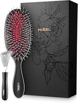 MISEL Boar Bristle Hair Brush and Cleaner Bundle | For Women & Men | Detangles Thin or Thick Hair and Extensions | Reduces Breakage | For Natural or Straight Hair | Medium