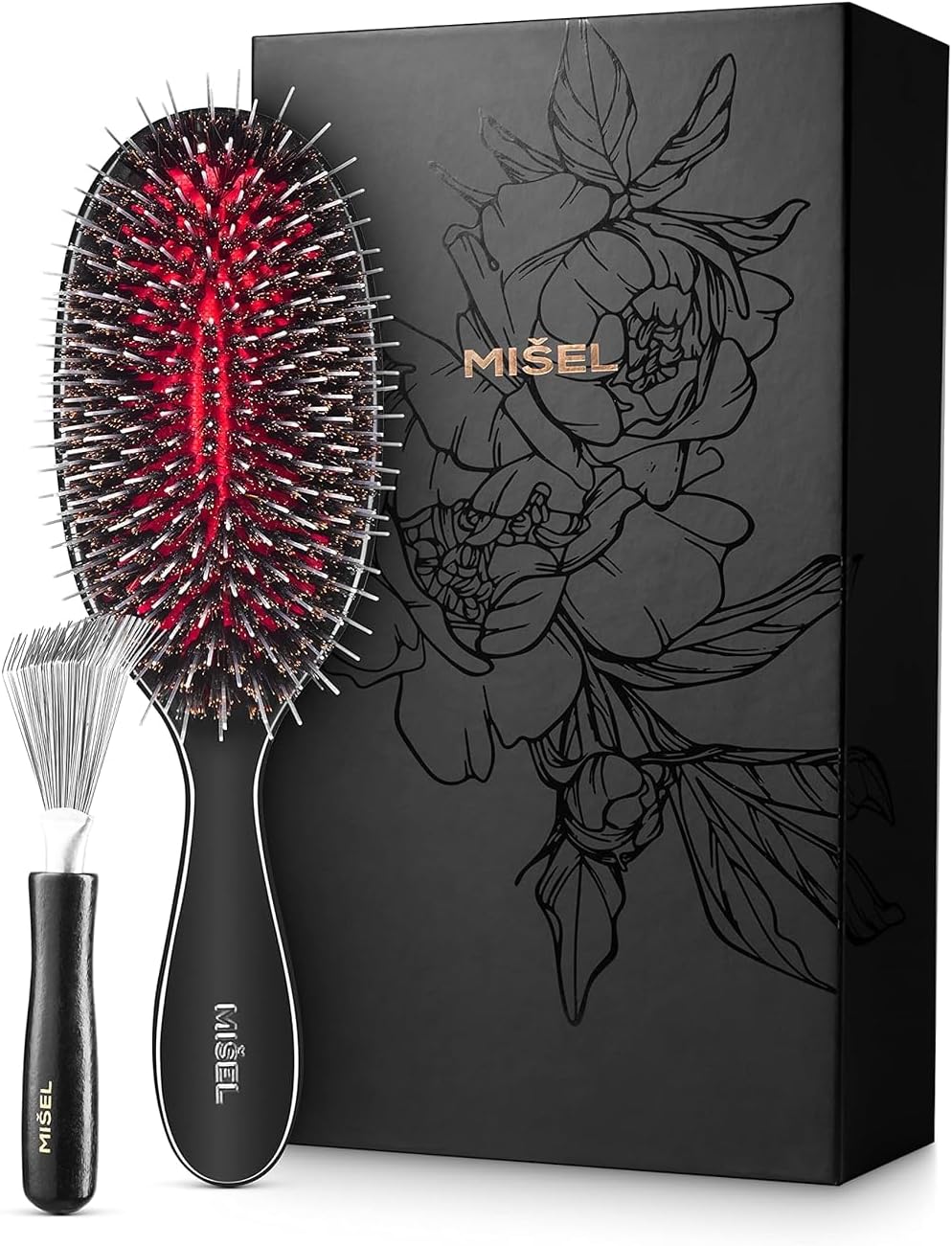 MISEL Boar Bristle Hair Brush and Cleaner Bundle | For Women & Men | Detangles Thin or Thick Hair and Extensions | Reduces Breakage | For Natural or Straight Hair | Medium