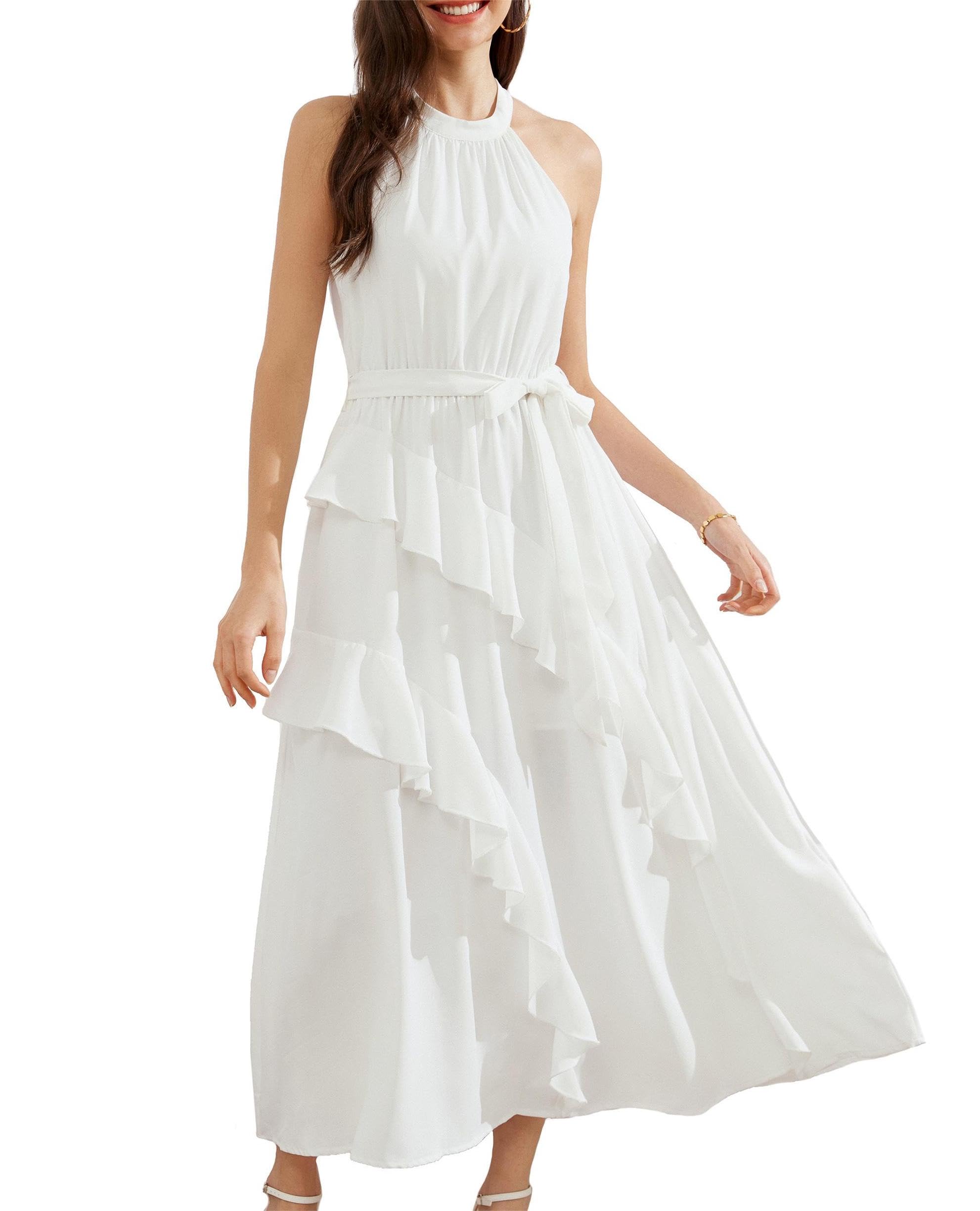 GRACE KARIN Vestido casual de verano con cuello halter para mujer, con volantes, acampanado, con cinturón extraíble