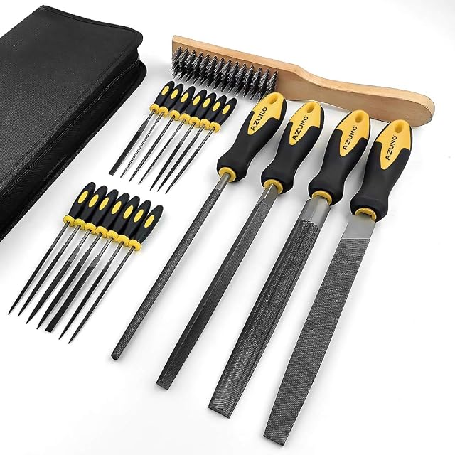 AZUNO 19Pcs Metal File Set in Premium Grade T12 Drop Forged Steel with Carry Case, 4Pcs Flat/Triangle/Half-Round/Round Large Files and 14pcs Needle Files and 1 Steel File Card