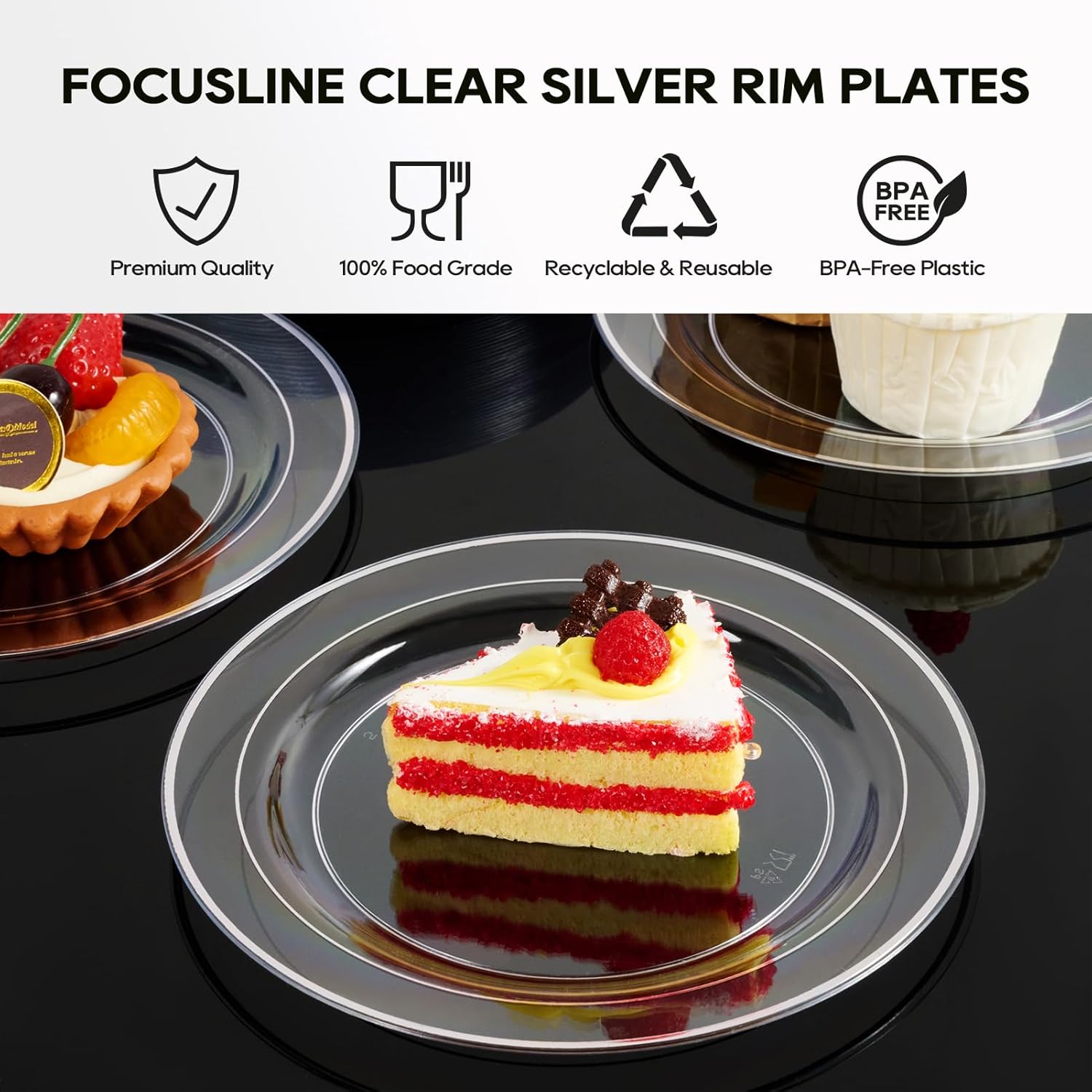 FOCUSLINE 100 Count Clear Silver Plastic Plates 7 Inch, Disposable Heavy Duty Clear Plates with Silver Rim, Premium Hard Plastic Plate Fancy Disposable Salad Dessert Plate for Wedding Parties - Image 4
