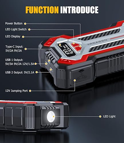 Miniatura 7 de Arrancador de coche, batería de coche de 5000 A para motores de gasolina de hasta 10L y 8L diésel, paquete de energía portátil de 12 V con caja de