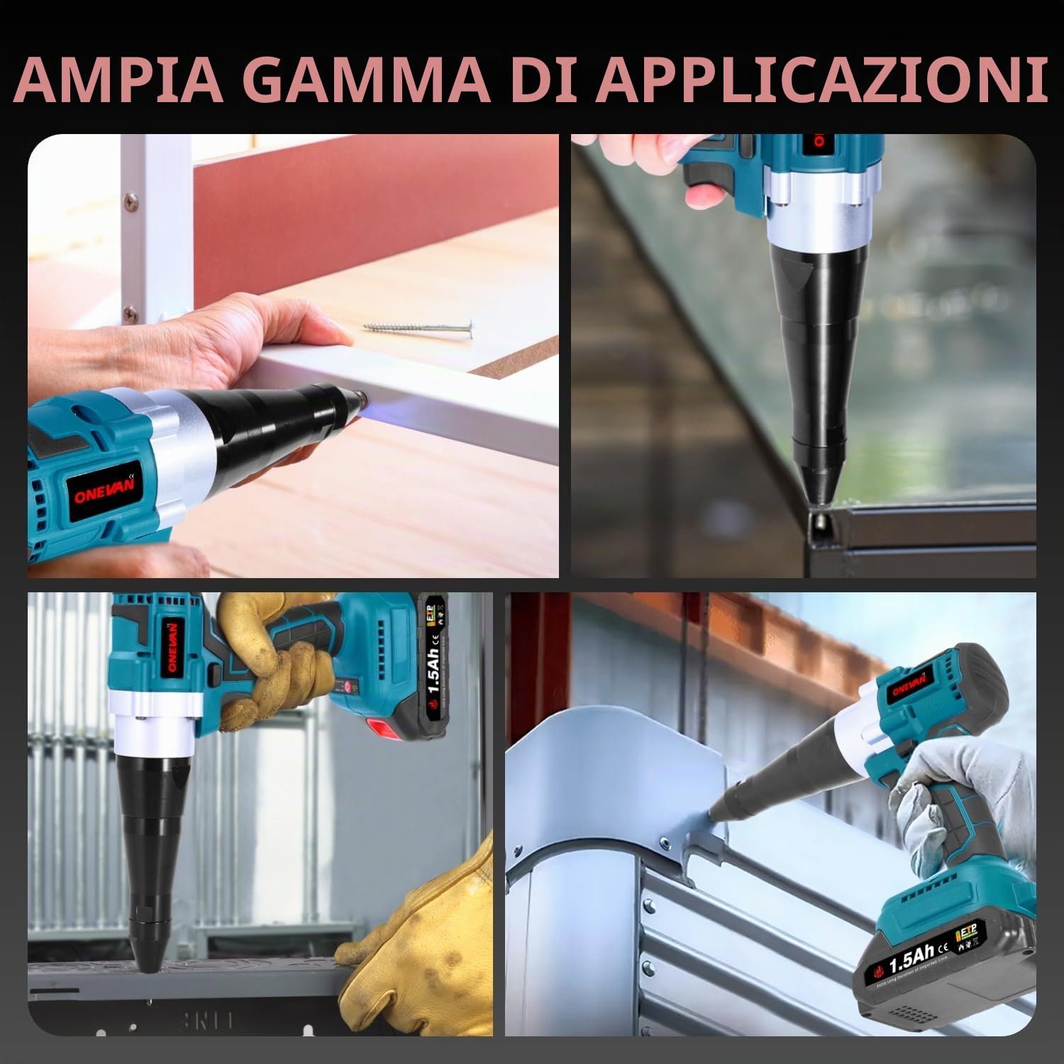 ONEVAN Pinza per rivetti a batteria, corsa 20mm, 20000N, pistola senza spazzole, automatica, con 2 batterie e 4 guide (3,2/4,0/4,8mm) per rivetti da Ø2,4-5,0 mm